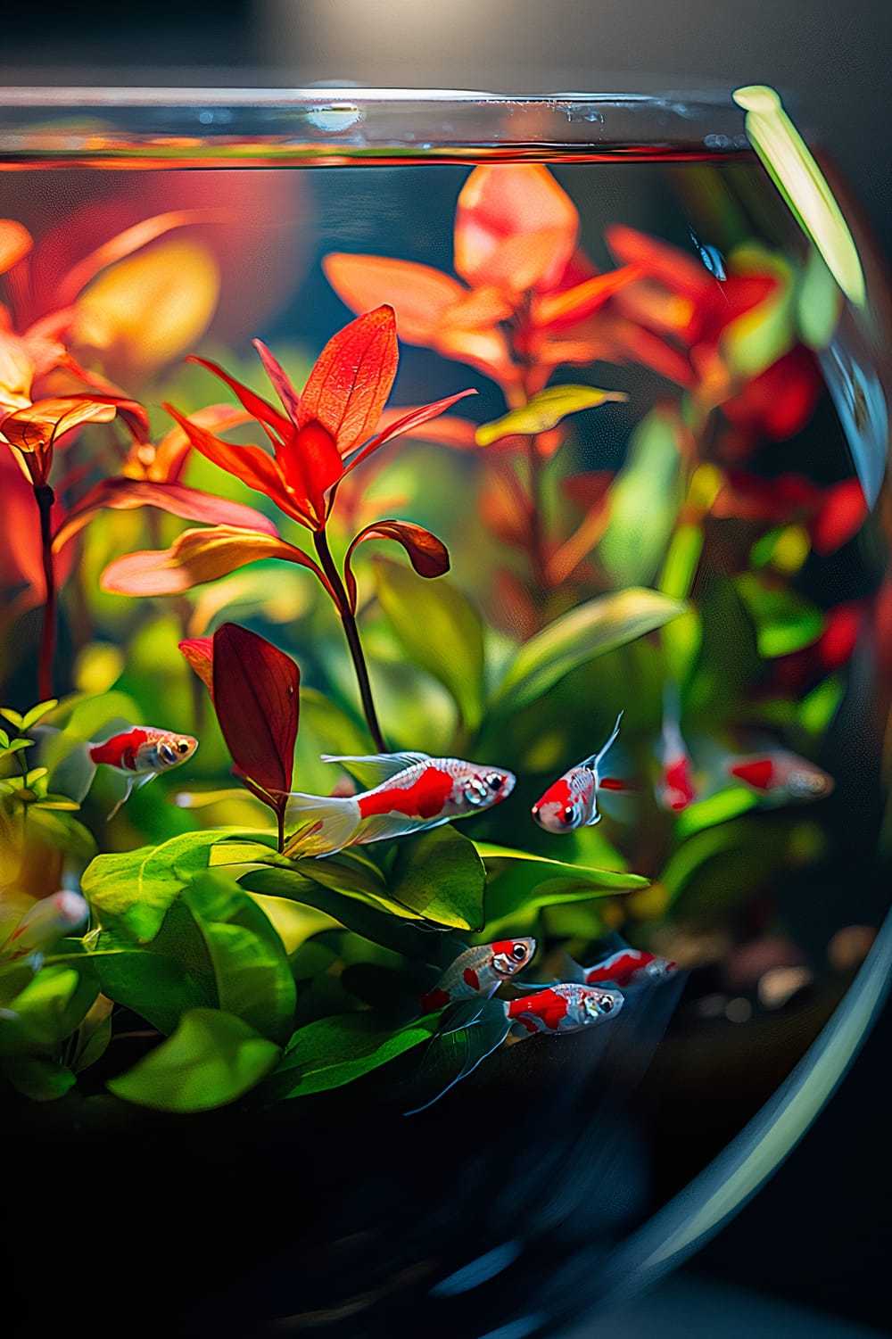 A close-up photograph of a small aquarium, showing vibrant red and green aquatic plants alongside a school of tiny fish with red and white bodies swimming around. The fish tank appears to be a bowl with a clean, transparent surface and the background is dark, accentuating the vivid colors of the plants and fish.