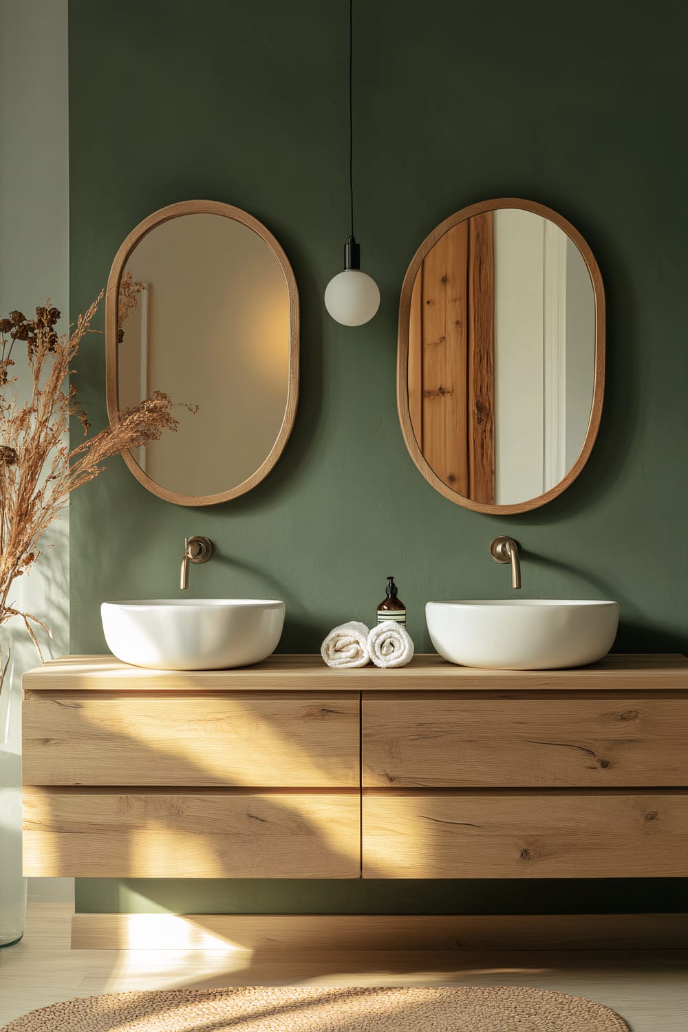 A modern bathroom showcases a floating wooden vanity with two white vessel sinks and minimalist brass faucets. Above each sink hangs an oval mirror with a light wood frame. The dark green wall behind the vanity contrasts elegantly with the natural wood tones. To the left, dried floral arrangements in a tall transparent vase add a touch of organic charm. A single pendant light with a round white bulb hangs from the ceiling. Two rolled white towels and a bottle of liquid soap are neatly placed on the vanity. Sunlight streams through an unseen window, creating warm highlights on the floor and walls.