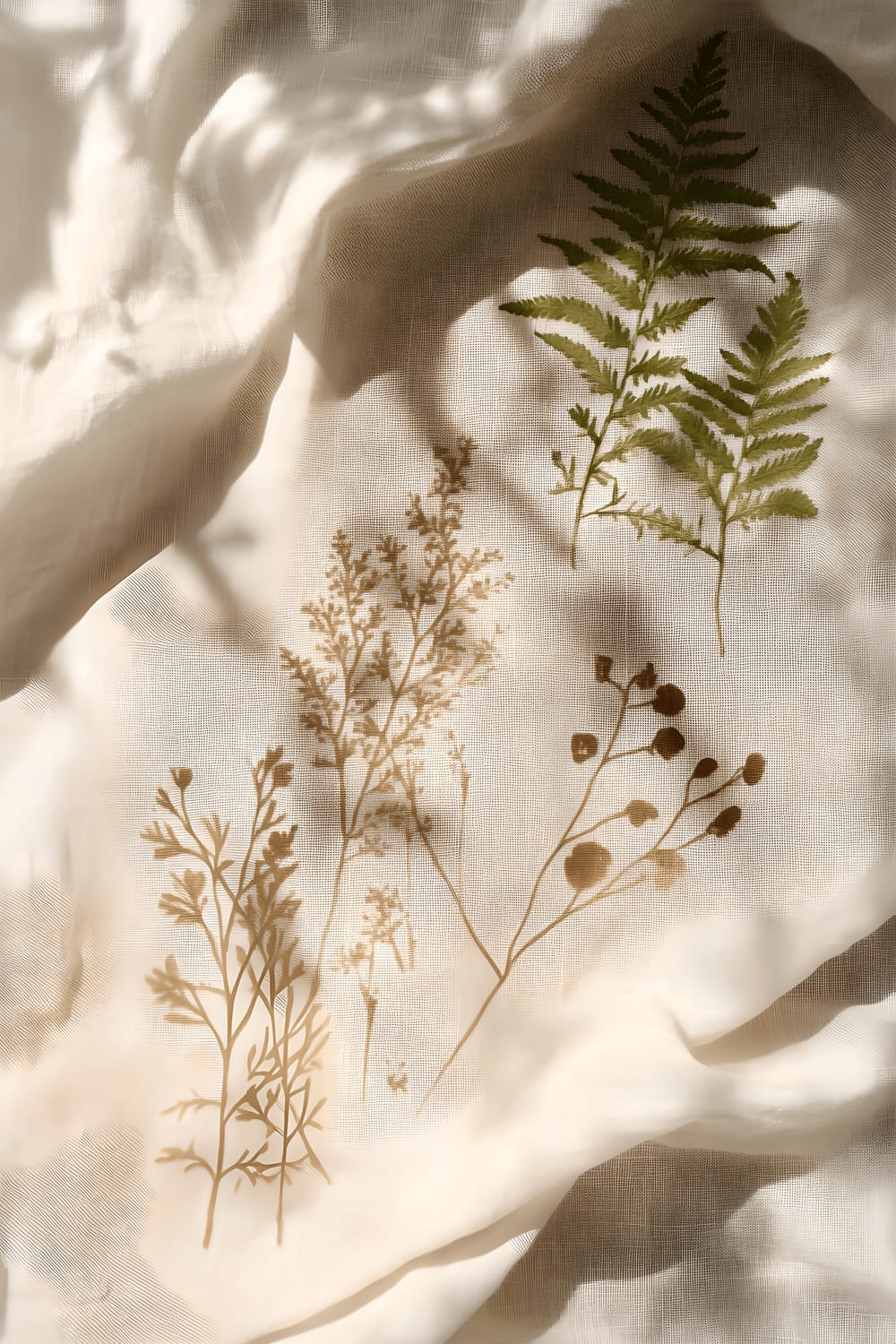 A beautiful DIY botanical print on handmade cotton paper shows delicate fern and wildflower imprints. The art piece has muted earthy tones and is styled against a gorgeous, soft linen backdrop that enhances its natural aesthetic.