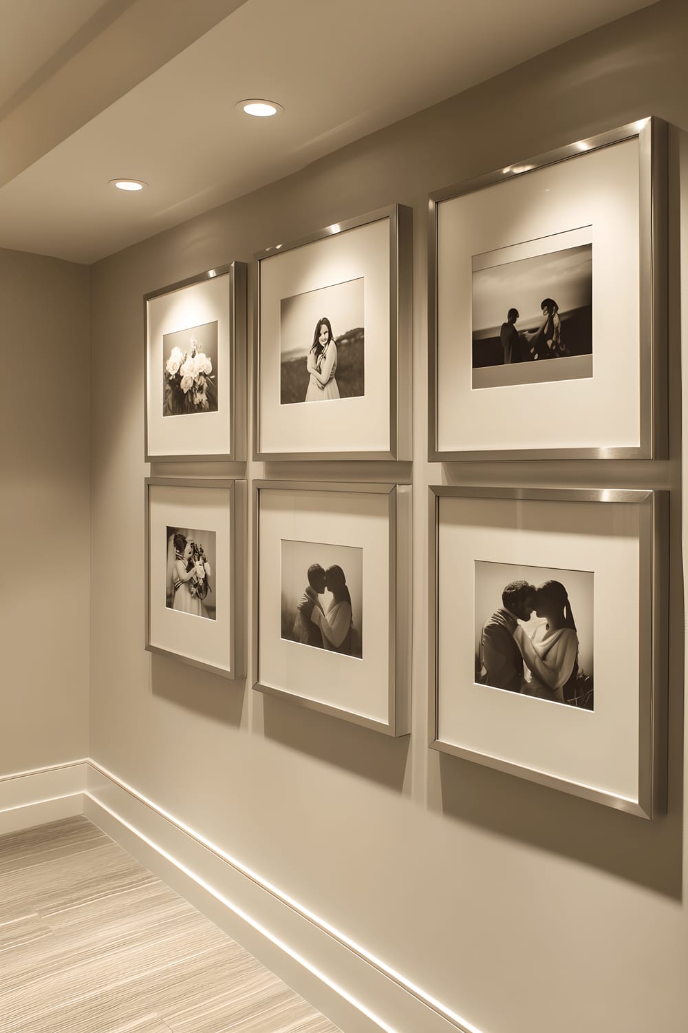 A modern gallery-style wall adorned with a collection of romantic black and white photographs kept in sleek metallic silver frames. Photographs depict intimate affectionate moments and serene landscapes. They are symmetrically arranged in a grid pattern on a smooth, neutral gray wall. The wall is lightly illuminated by soft ambient light from recessed ceiling lights.