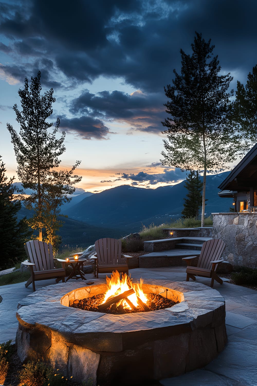 A stunning mountainous backyard during twilight featuring a fire pit built from natural stones with glowing embers, surrounded by wooden Adirondack chairs. The backdrop displays awe-inspiring alpine views under a crisp, dimming sky.