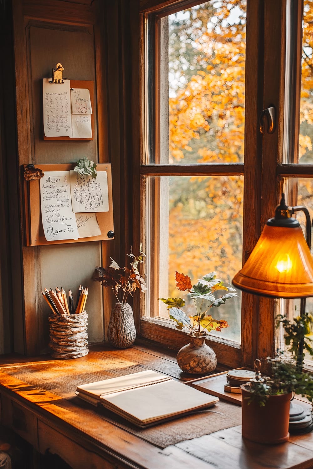 A warmly lit study area with a rustic wooden desk positioned near a large window. The desk is adorned with neatly placed items including an open notebook, jars of pencils, and various small potted plants and vases containing dried leaves. Sheets of handwritten notes are pinned to the wall above the desk, with a soft glow from an amber desk lamp casting a cozy light.