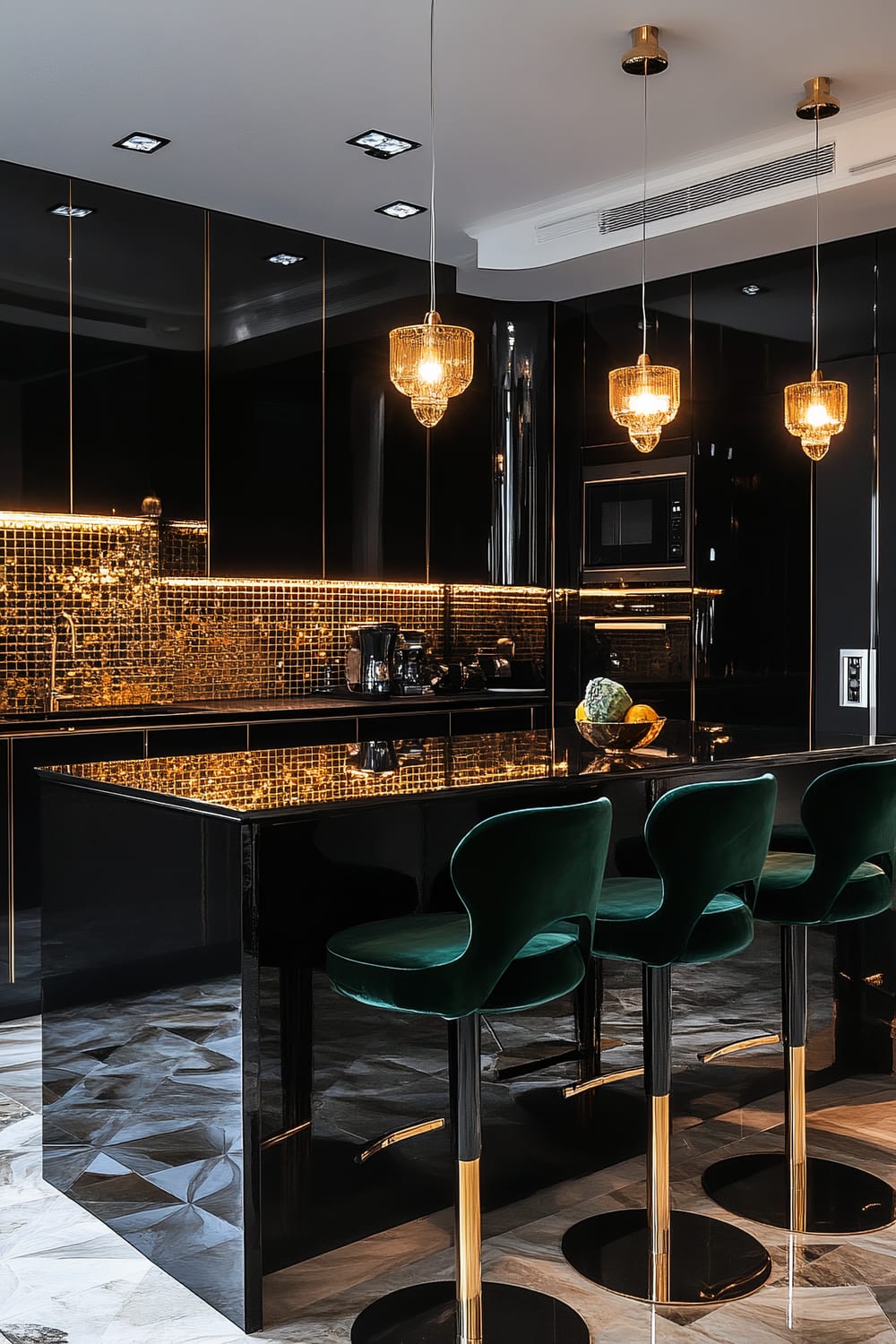 A luxurious kitchen featuring a black high-gloss island countertop and matching cabinetry. The backsplash showcases a mosaic of golden tiles, reflecting under the warm glow of three pendant lights with ornate glass covers. Three green velvet barstools with gold accents align the island. The sophisticated ambiance is enhanced by a gray marble floor with intricate patterns.