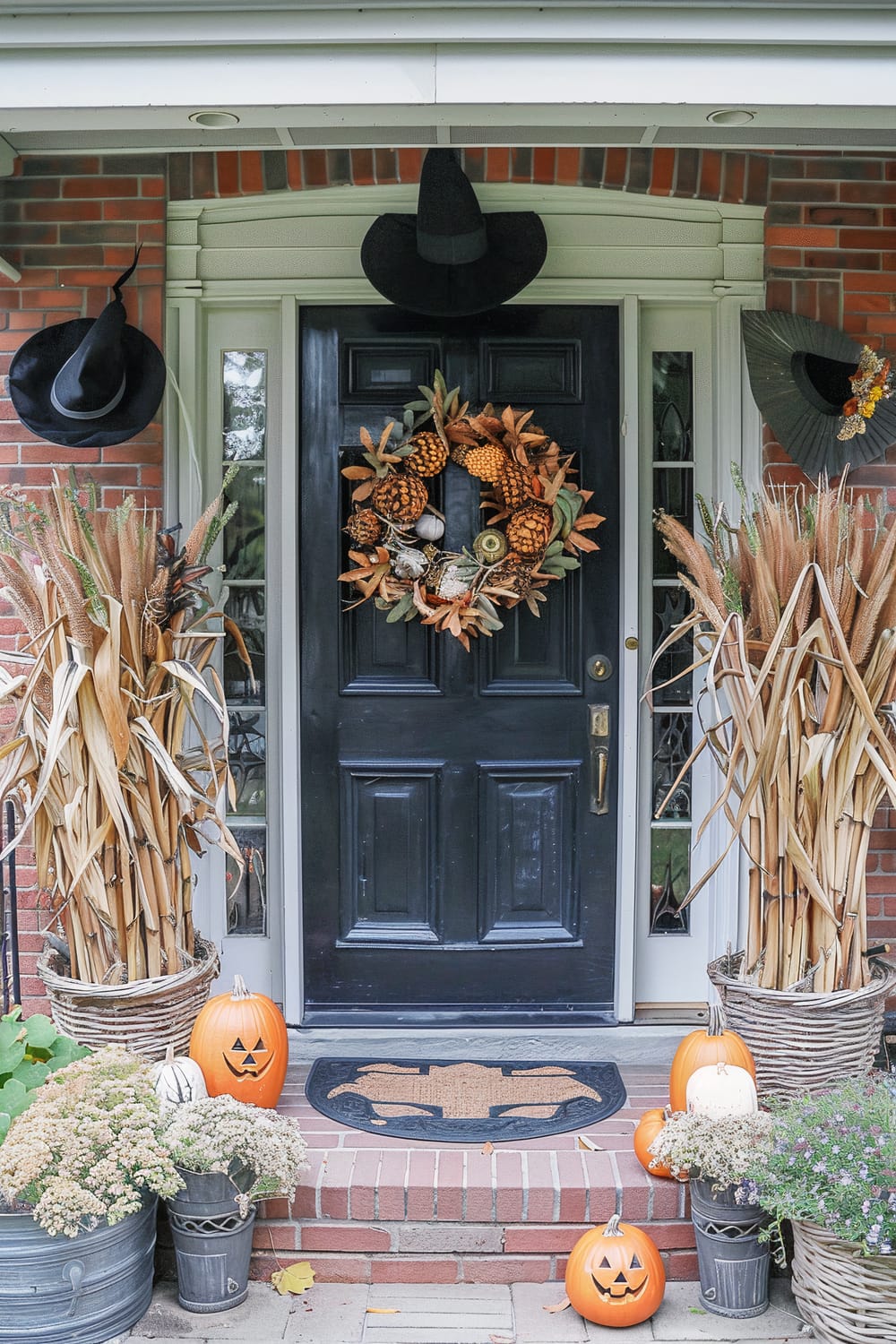 Front porch is decorated for Halloween with a large black door adorned with a fall-themed wreath made of orange and brown elements. Three black witch hats are hung across the top of the doorway. Two large arrangements of dried corn stalks are placed on either side of the door. Several carved and non-carved pumpkins are arranged on the steps. Potted plants in metal buckets are also placed on the steps, adding a fresh touch to the fall decor.