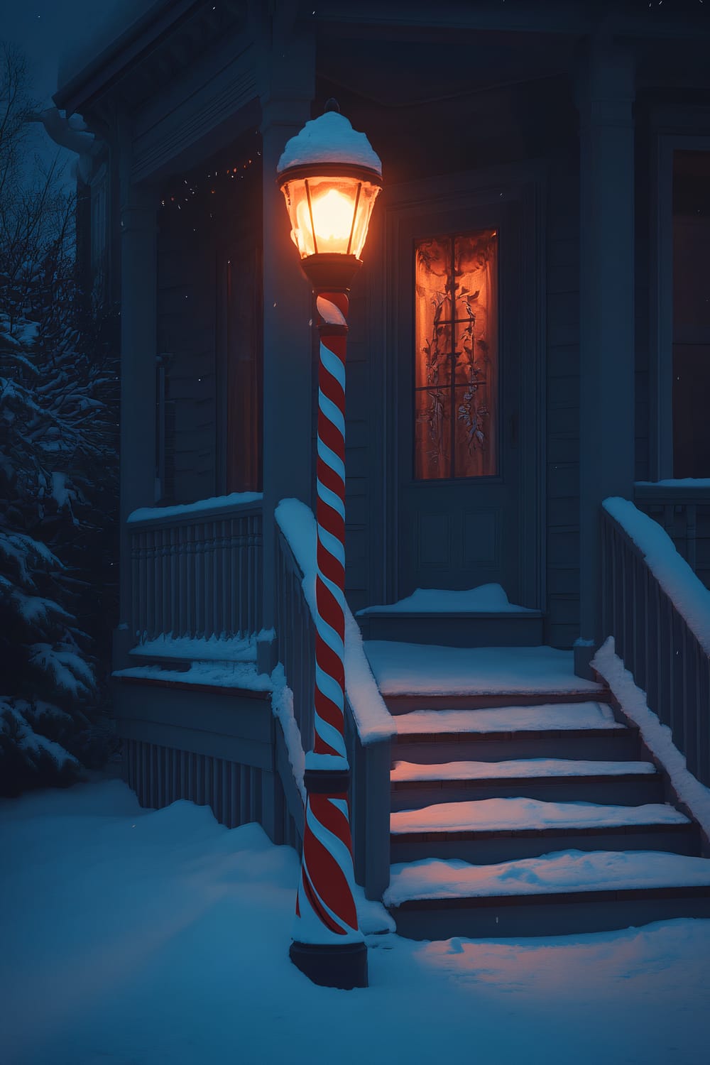 An oversized candy cane lamp post illuminates a cozy front porch at night. The lamp post, with its red and white stripes, stands next to snow-covered steps leading to a house. The glowing light from the lamp casts a warm hue on the surroundings, contrasting with the deep blue night sky.