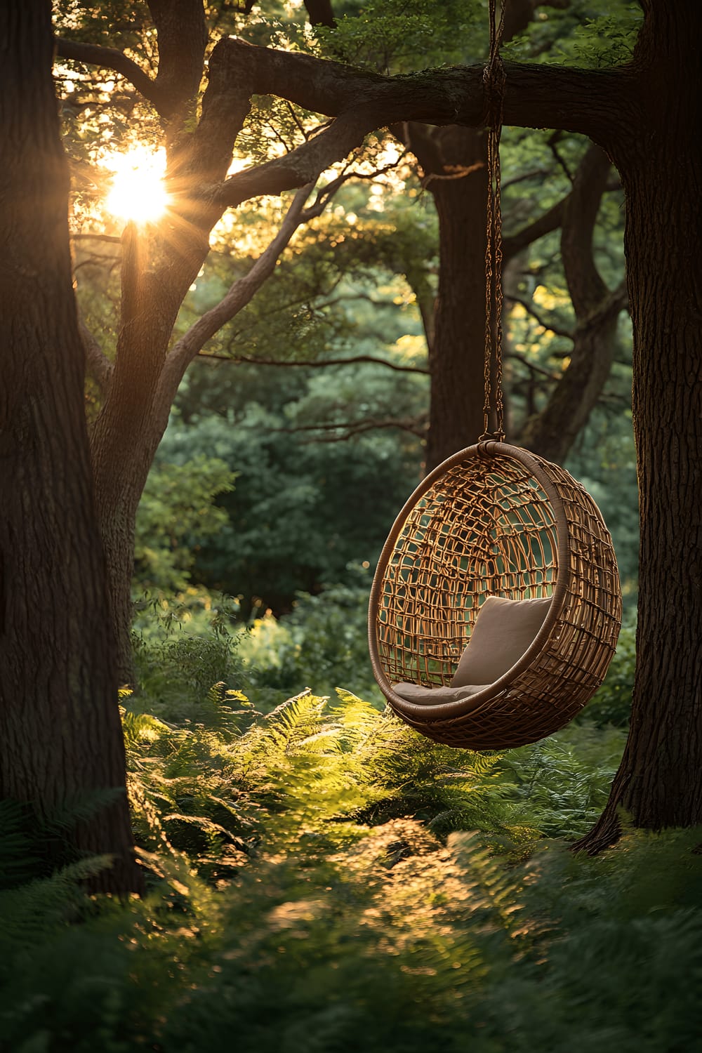 A serene hideaway under a lush canopy of towering oak trees, featuring a comfortable looking woven hanging chair. The hideaway is gracefully adorned with soft, vibrant ferns underneath the dappled sunlight creating an inviting sparkle.