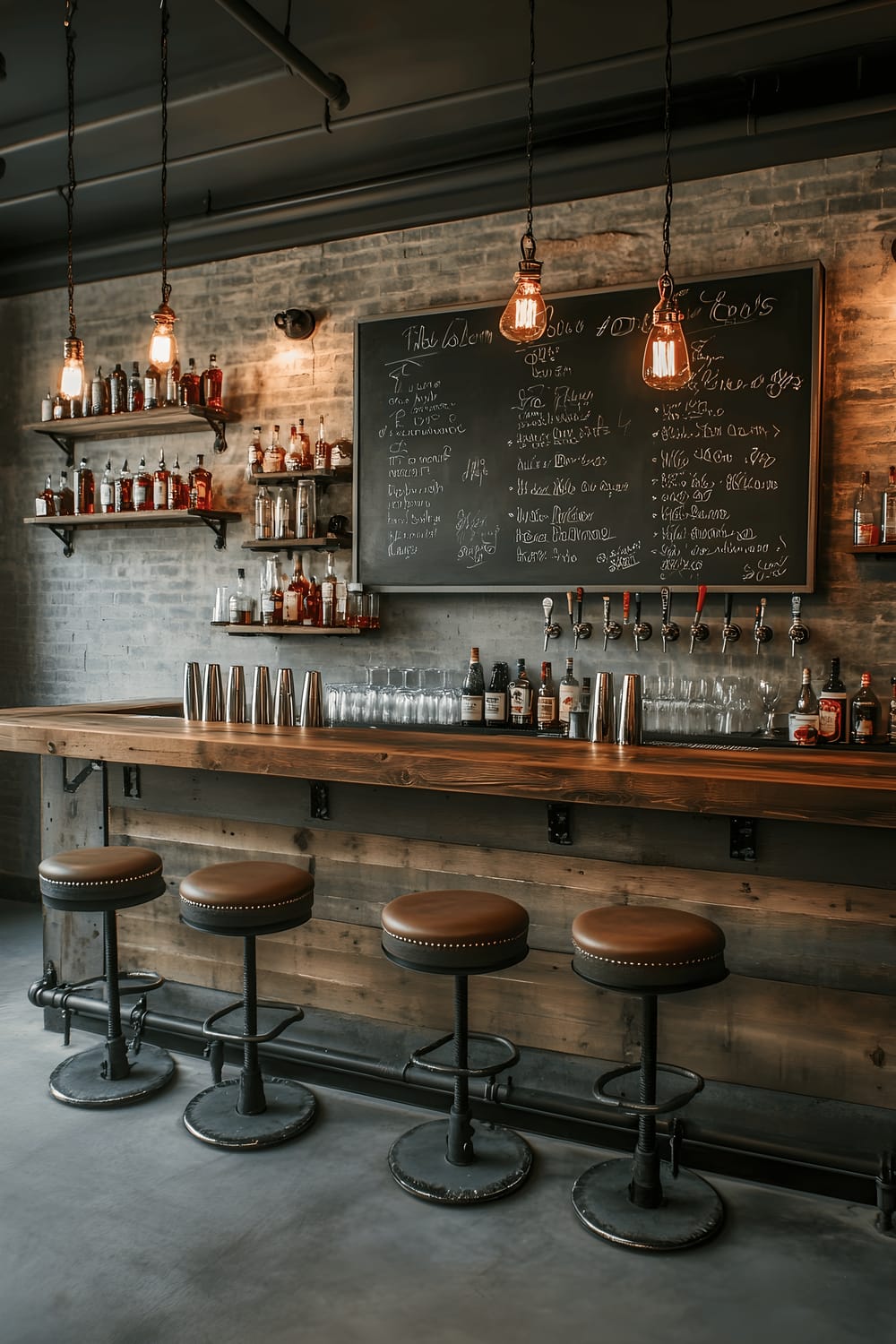 A rustic industrial chic styled home bar area featuring a large chalkboard with a handwritten drink menu in white and red chalk, paired with the warm glow of Edison bulb lights. The counter tops are made from reclaimed wood, and exposed pipe shelving holds assorted liquor bottles. Leather-seated bar stools invite guests to sit, completing the space.