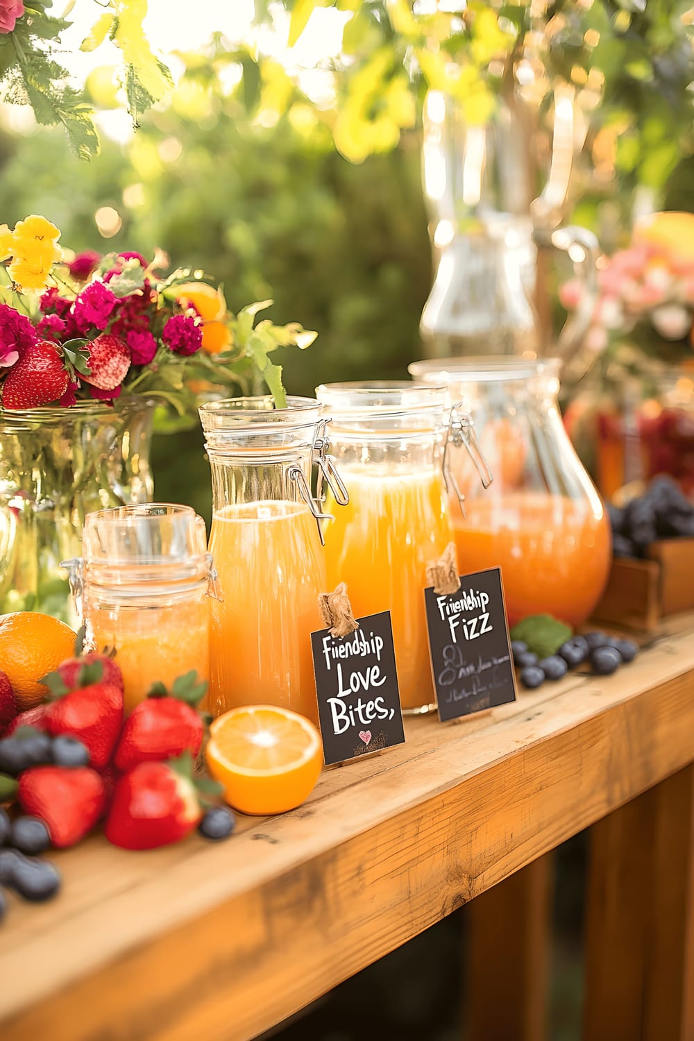 A vibrant beverage station set up on a wooden table for a DIY mimosa bar. The station includes glass pitchers filled with fresh orange juice, champagne, and a variety of fruit garnishes including strawberries, blueberries, and mint leaves. Also present are labeled jars with tags reading "Friendship Fizz" and "Love Bites". The arrangement is made complete with decorative glassware and a display of fresh fruit.