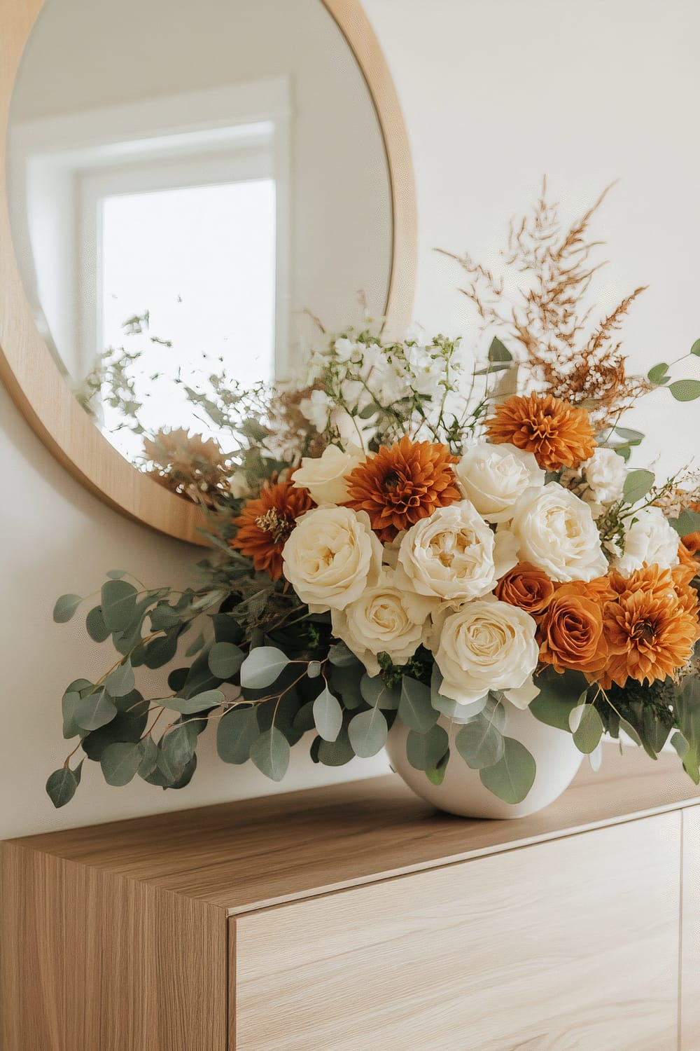 A bouquet of white roses and orange flowers arranged in a white vase placed on a light wooden cabinet. Behind the flowers, a round mirror with a wooden frame reflects the arrangement and the soft light from a nearby window. Greenery accompanies the bouquet, creating a fresh and vibrant look.