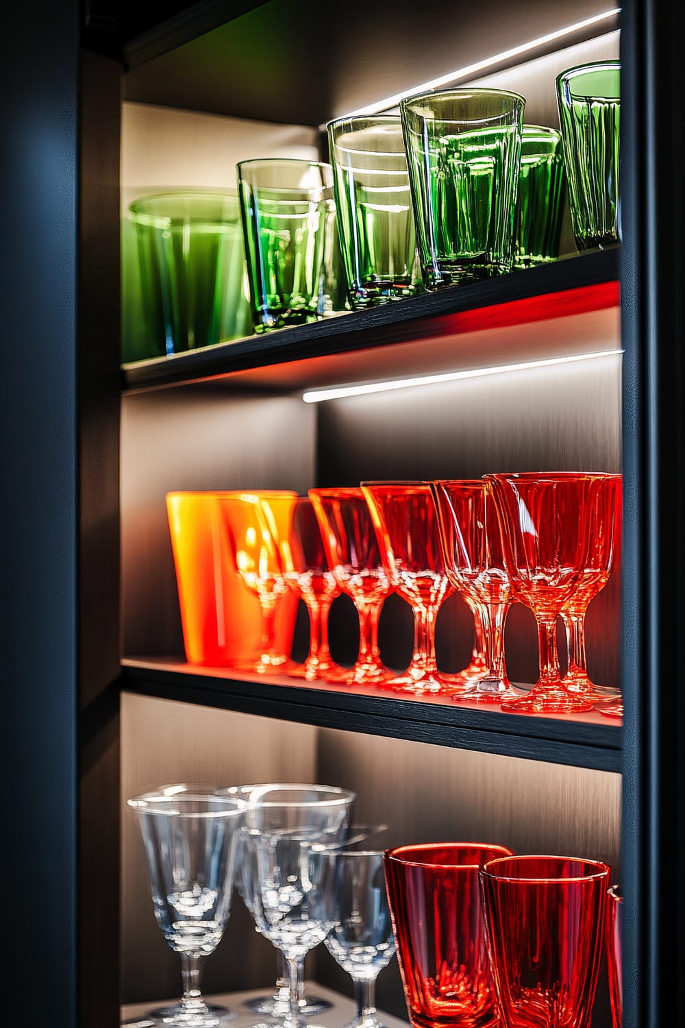 A close-up shot of a kitchen cabinet shelf displaying red and green glassware arranged in an artistic pattern. The vibrant colors of the glass reflect and refract colorful light, creating a dynamic and lively visual effect. Strong directional lighting highlights the transparency and bold hues of the glass pieces against the dark shelving.