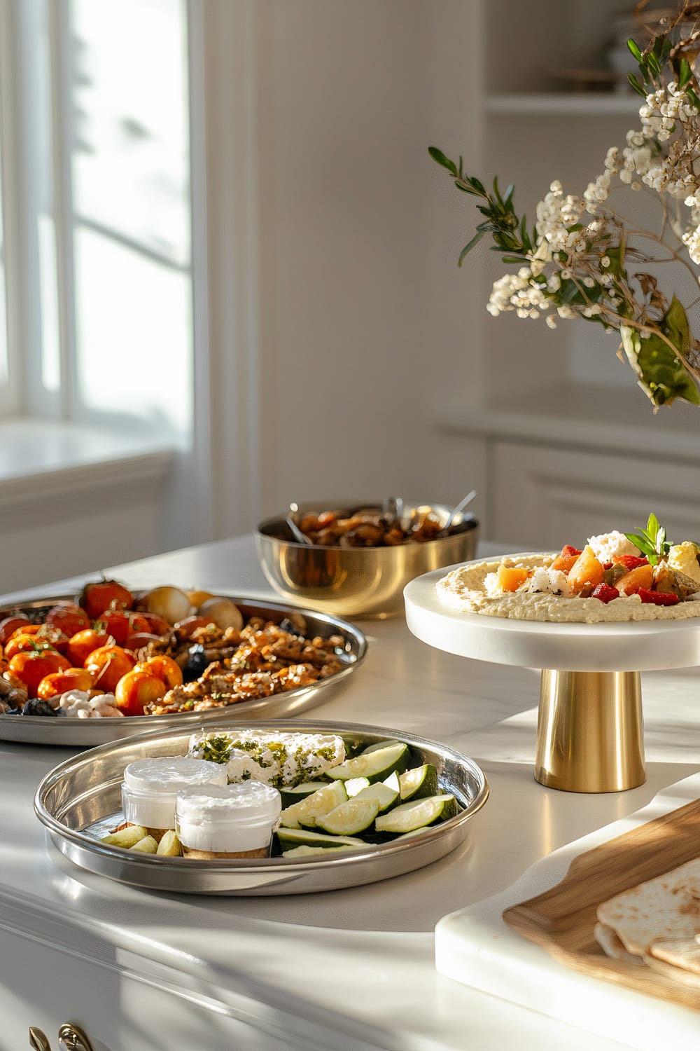 A spread of appetizers on a white surface under ambient lighting. Two silver trays, one with assorted appetizers like tomatoes, olives, and nuts, and another with cheese, cucumber slices, and dip containers. A brass bowl with hummus topped with colorful garnishes sits on a white and brass pedestal. A minimalist white cheese board is also visible on the side