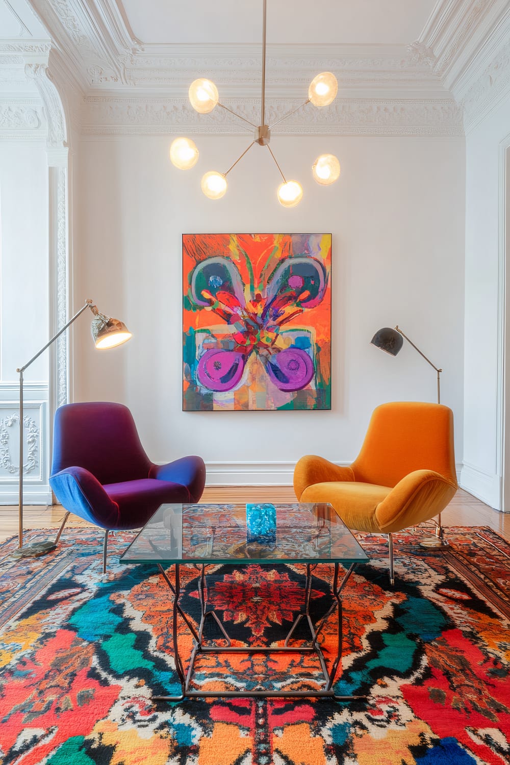 A vibrant living room features a bold, patterned rug as the centerpiece. Two colorful upholstered chairs, one purple-blue and one orange, flank a glass coffee table. A large, colorful artwork with abstract butterfly shapes is mounted on the white wall behind the seating arrangement. Layered lighting includes a modern chandelier and two floor lamps on either side of the chairs.