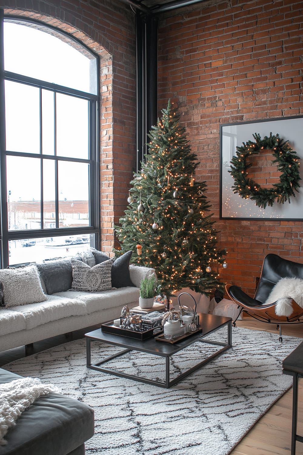 A modern living room with a loft aesthetic featuring exposed brick walls. A large window with black metal frames illuminates the space. There is a Christmas tree with lights and ornaments next to the window and a festive wreath hanging on a brick wall. A cozy sectional sofa with textured pillows faces a minimalist black coffee table with a tray set for tea. A black leather butterfly chair with a white fur throw sits to the side.