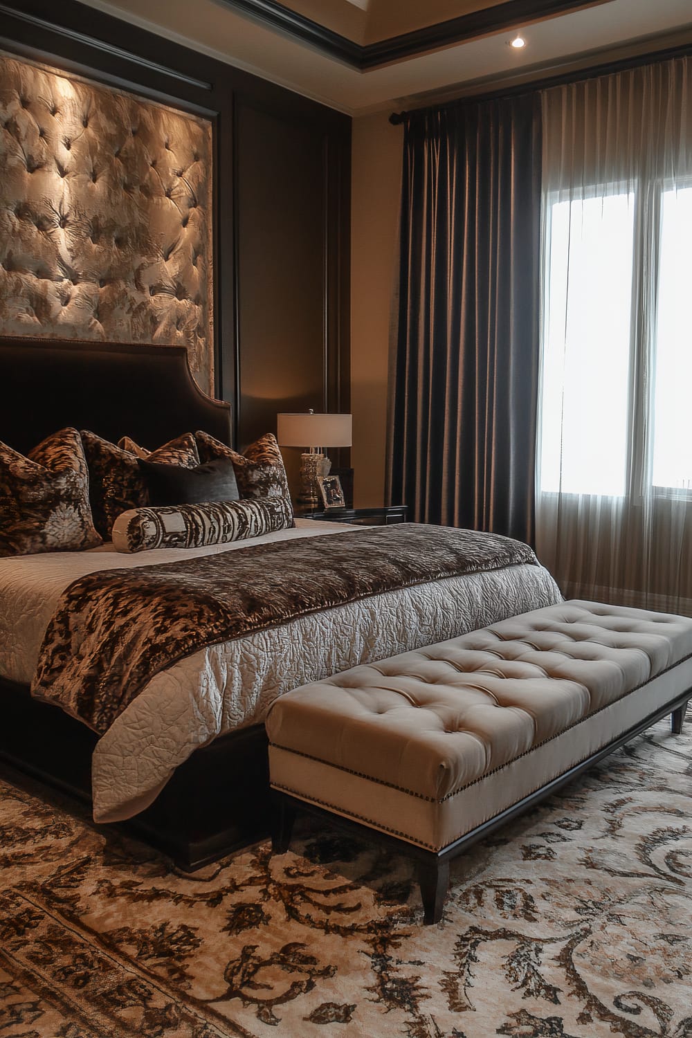 A luxurious bedroom with a king-sized bed featuring patterned pillows and a matching throw blanket. The headboard is a tall, plush, tufted design with a dark frame. By the side of the bed, there is a nightstand holding a modern table lamp and a framed photo. The floor is adorned with an intricate patterned area rug, and positioned at the foot of the bed is a tufted bench with sleek lines. The windows are dressed with heavy, dark curtains that allow light to softly filter through.