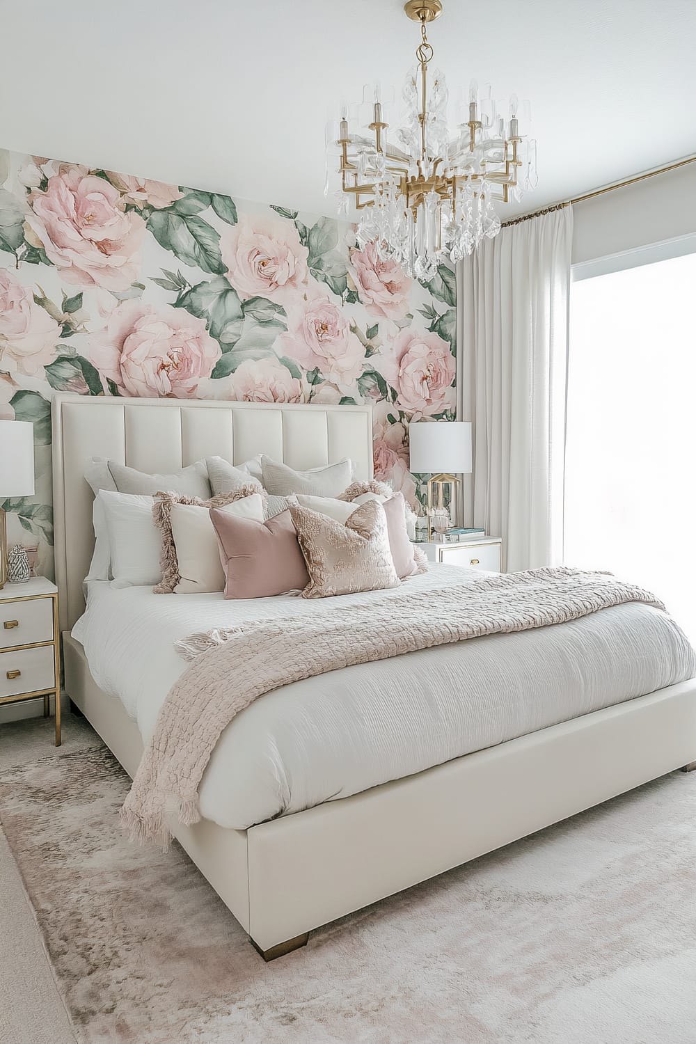 A bedroom with a pastel-themed design features a luxurious bed with white bedding, topped with various pink and white pillows. The wall behind the bed has a vibrant floral wallpaper with large pink roses and green leaves. Two white nightstands with gold accents flank the bed, each topped with a white and gold lamp. A large crystal chandelier hangs from the ceiling, and soft natural light filters through white curtains on the right side of the room.