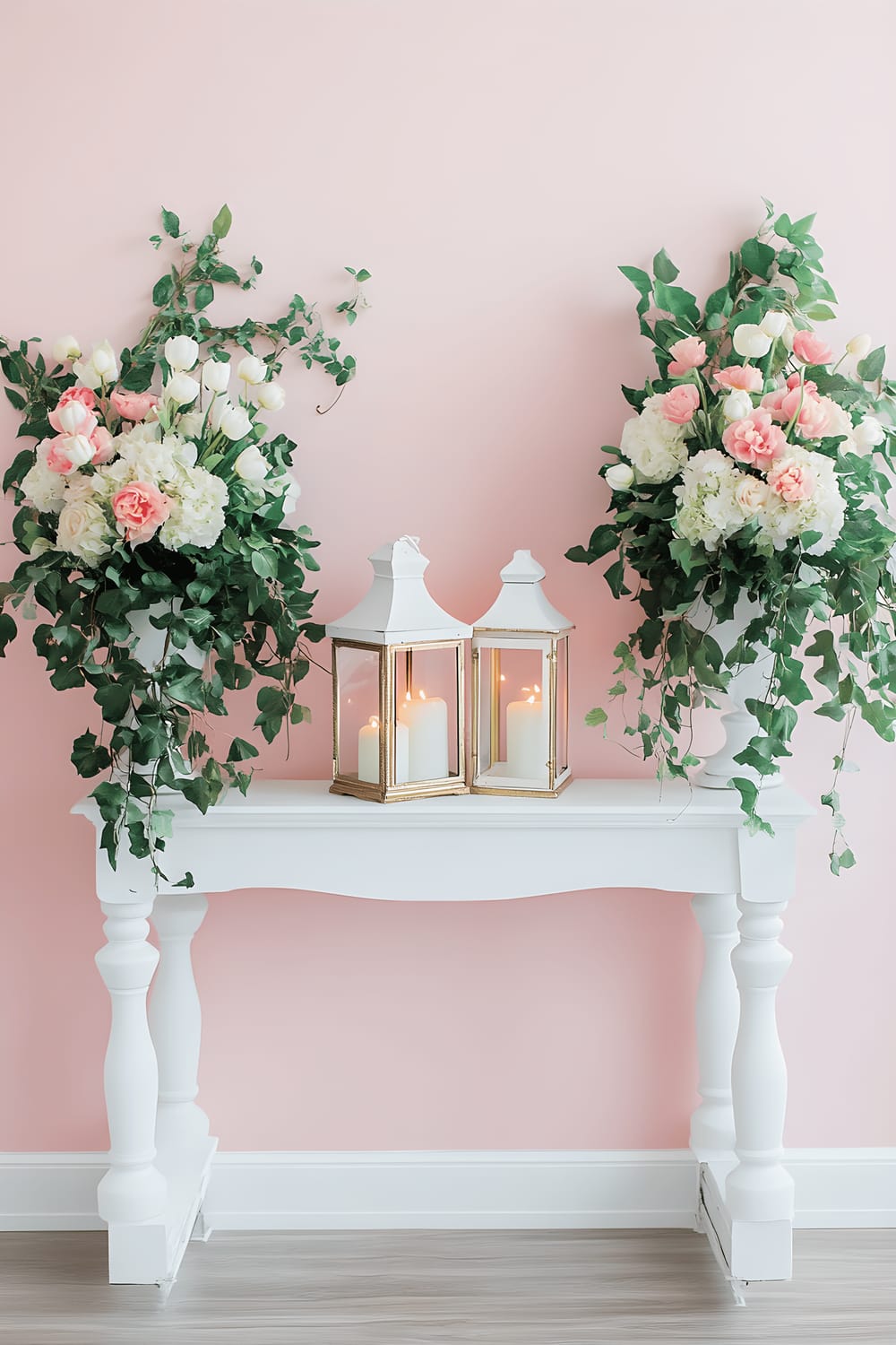 A vibrant and inviting entryway featuring a white wooden console table adorned with two tall vases overflowing with fresh tulips, dahlias and ivy. Adjacent to the vases is a decorative lantern filled with warmly lit candles. The console table sits against a backdrop of a pastel pink wall with subtle gold accents.