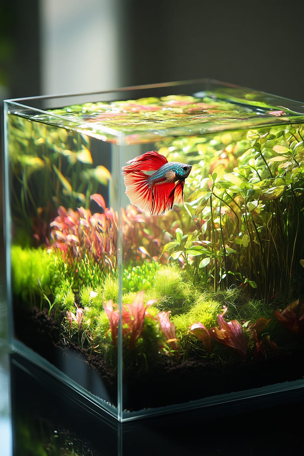 A vibrant, well-maintained aquarium housing a Betta fish with striking red and blue colors is showcased. Lush aquatic plants, including green foliage and pinkish-red stems, fill the tank with natural beauty. The aquarium stands on a dark surface and is illuminated by natural light, highlighting the vivid colors inside the tank.