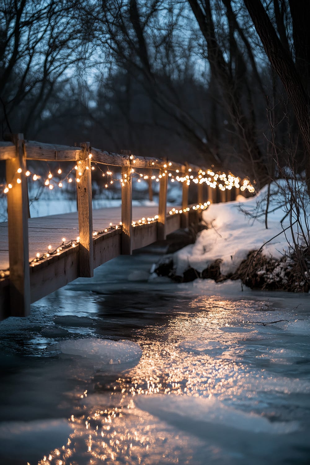 A serene winter scene featuring a wooden bridge adorned with warm, glowing string lights. Snow covers the ground, and the bridge spans over a partially frozen stream with ice reflecting the light. Trees without leaves frame the backdrop, adding depth and a peaceful ambiance to the image.