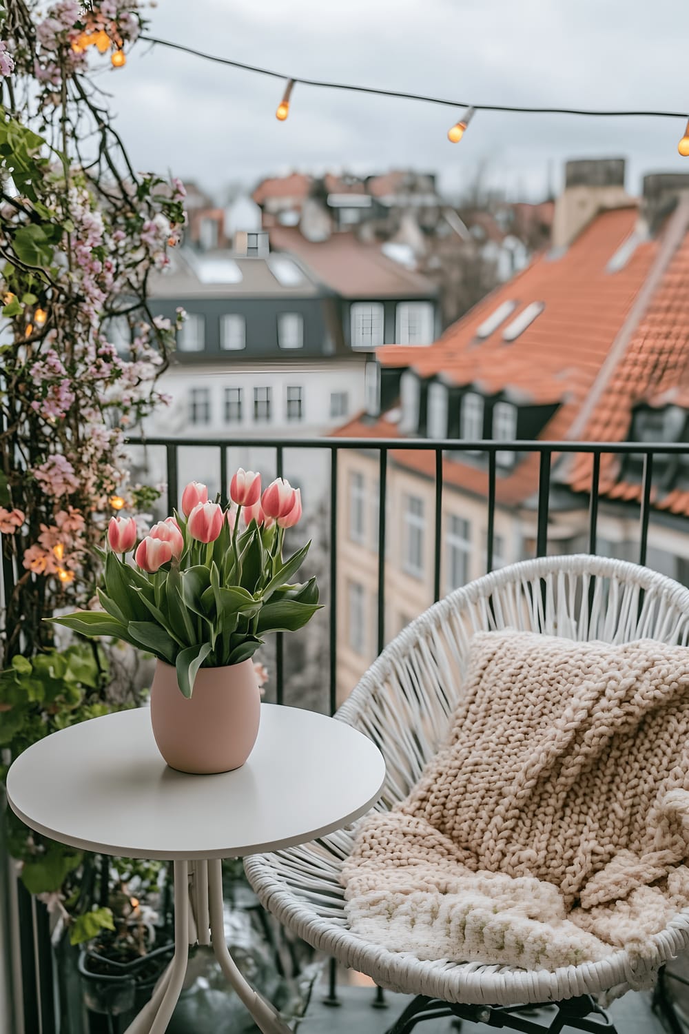 A quaint balcony setting adorned with white wrought-iron furniture including a small round table with a pastel pink vase of tulips sitting next to a comfortable rattan chair with a soft, knitted cushion. Several hanging planters filled with trailing ivy and colorful geraniums add a variety of green hues to the overall scene. Above, fairy lights are strung, ready to provide a magical glow during evening hours. Beyond the balcony, one can catch a glimpse of Copenhagen's picturesque rooftops.