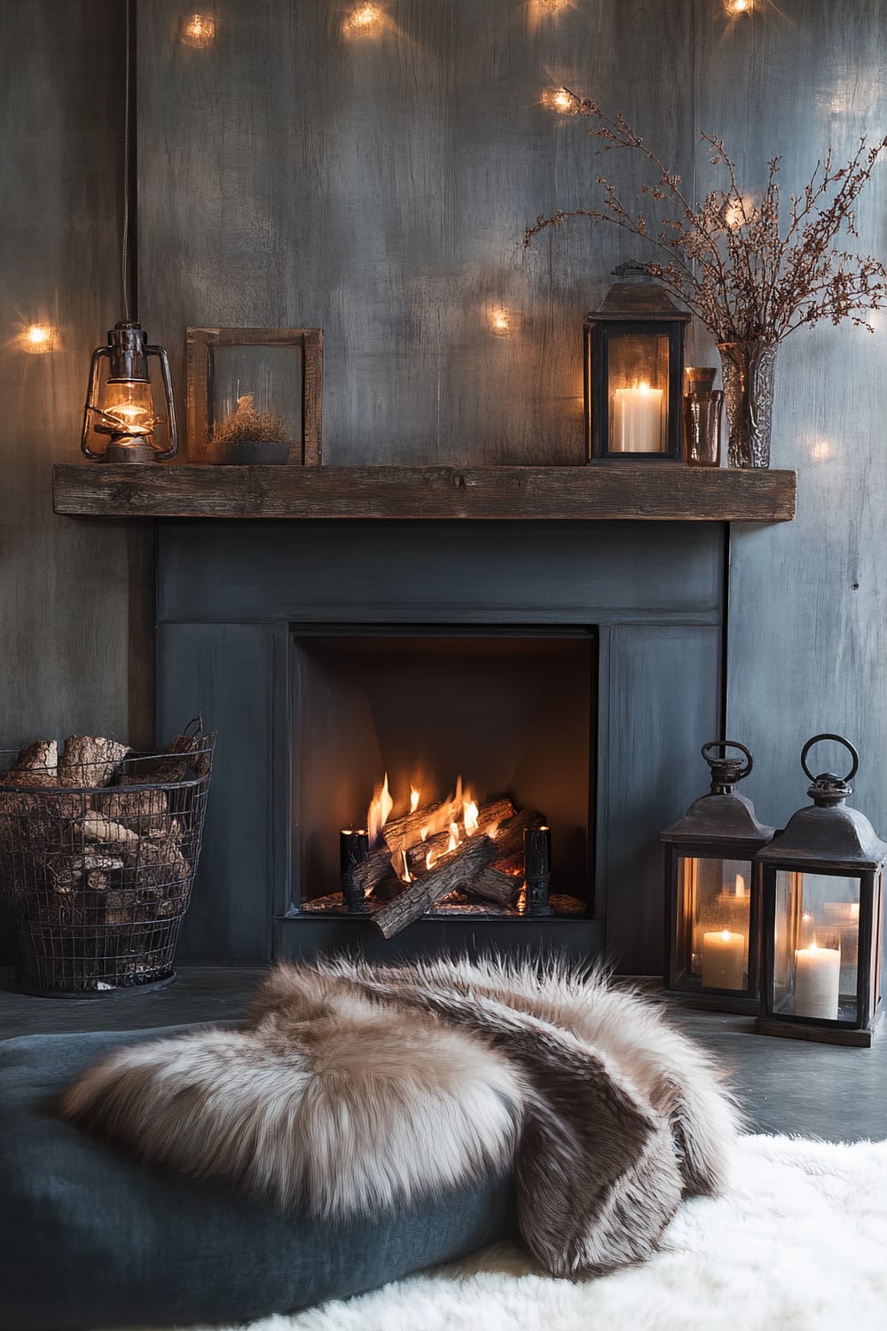 A rustic yet modern fireplace setting. A dark gray stone fireplace is adorned with a rough-hewn wooden mantle, featuring a mix of vintage lanterns and vases with dried branches. The warm glow of candles and string lights create a cozy ambiance. A wire basket filled with firewood sits to the left, while two large lanterns with candles sit on the right side of the fireplace. In the foreground, a plush fur throw rests on a soft grey cushion atop a fluffy white rug.