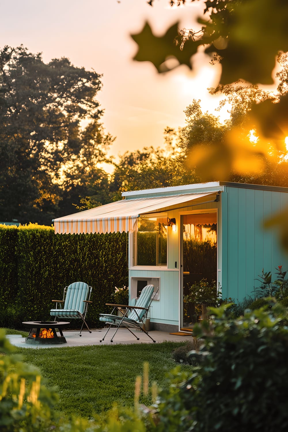 A mid-century modern garden showcasing a pastel-colored retro-style shed with a vintage awning. The scene includes a classic metal lawn chair, a small retro fire pit, and sculpted hedges bathed in the soft, warm glow of sunset.