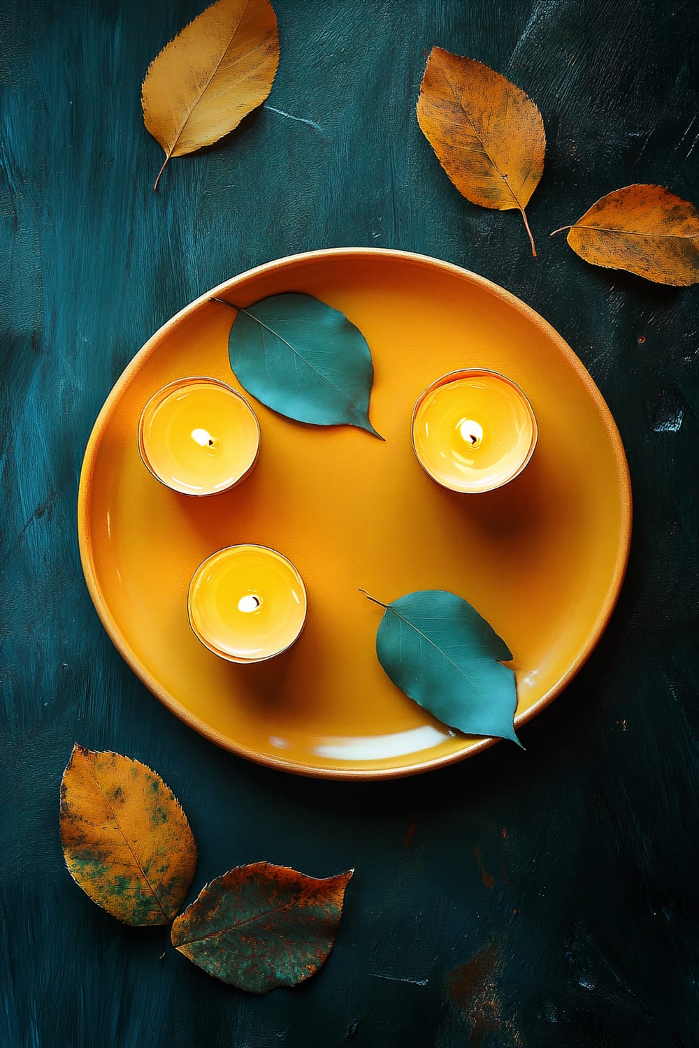 A flat, golden yellow ceramic plate holds three lit tealight candles and two turquoise leaves. Surrounding the plate on a dark blue surface are scattered autumn leaves in shades of golden yellow and brown. The scene is softly lit from the side, highlighting the vivid contrast between the golden yellow plate and the turquoise and autumn leaves.