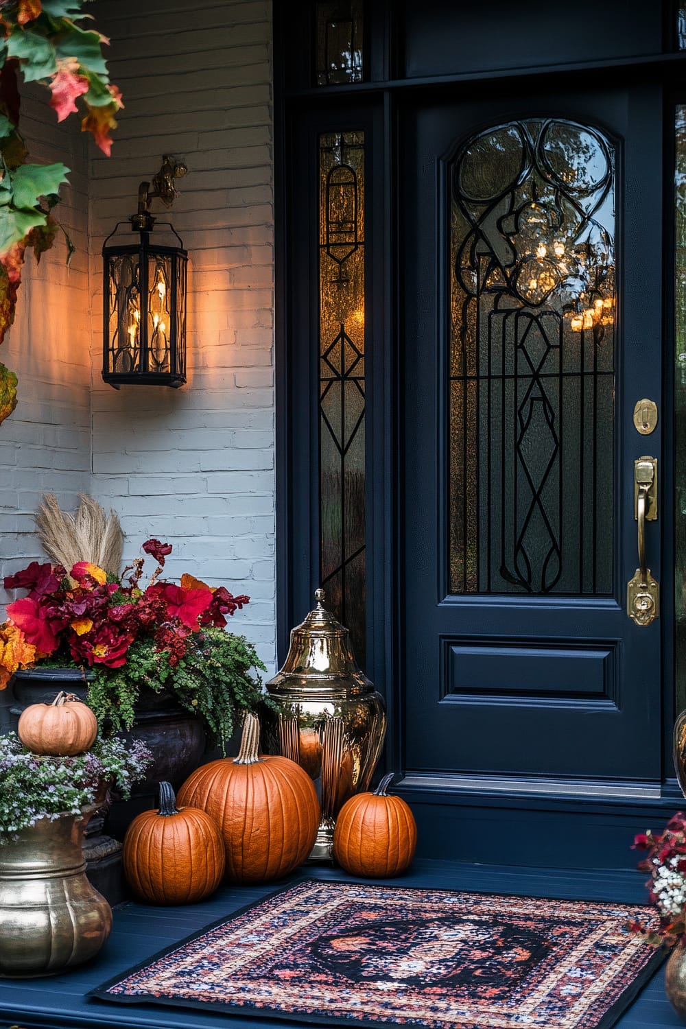 An upscale front porch decorated for autumn, showcasing a dark blue door adorned with intricate glass pane designs. Flanking the door are elegant brass planters with a mix of seasonal flowers, leafy branches, and pumpkins in various sizes. Soft lighting emanates from a quintessential lantern-style wall light, casting a warm glow over the entryway. A decorative vintage-style rug is laid out in front of the door.