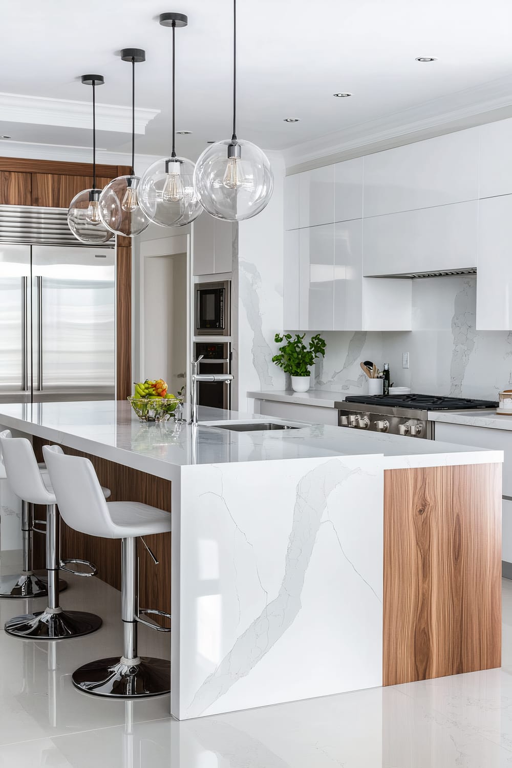 A sleek, modern kitchen is depicted with a white and wood color palette. The central island features a glossy white countertop with gray veining and a mix of white and wood paneling. Three white bar stools with chrome bases are positioned at the island. Above the island hang three circular, glass pendant lights with exposed bulb fixtures. The backdrop includes white cabinetry, stainless steel appliances, and a wall-mounted oven and microwave combo. A bowl of assorted fruit sits on the island, and a small potted plant adds a touch of greenery on the countertop near the stove.