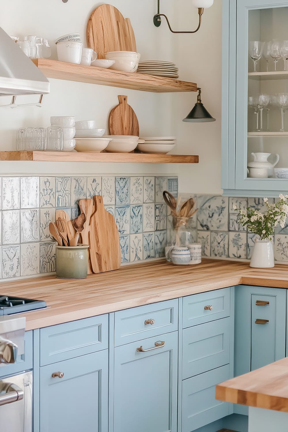 A charming kitchen display featuring baby blue wooden cabinets with brass handles and a wooden countertop. Two wooden shelves with a variety of white dishware, glassware, and wooden cutting boards are mounted against a backdrop of decorative blue and white tiled walls. The tiles have intricate floral patterns. The countertop hosts several wooden utensils in a rustic jar, additional cutting boards, and a vase with fresh flowers. A black sconce light and a portion of a stainless steel stove can be seen on the left.