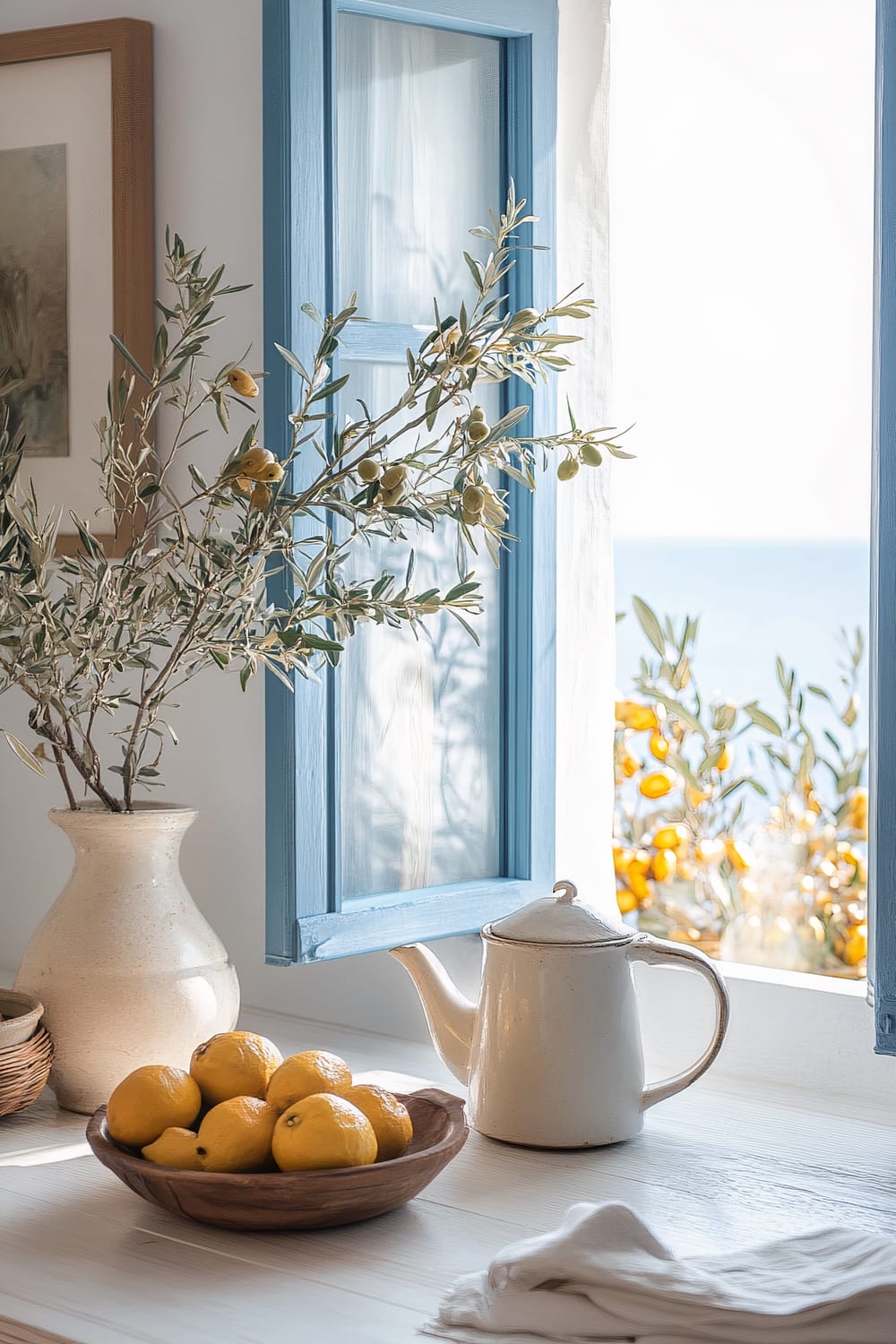 A serene kitchen scene bathed in natural light showcases a Greek rustic arrangement. An open window with soft blue shutters provides a glimpse of the sea and citrus trees. On a white wooden counter, a cream-colored ceramic vase contains branches with olive leaves and fruits. A matching teapot sits beside a wooden bowl filled with bright yellow lemons. A neatly folded white cloth lies in the foreground. In the background, a framed painting hangs on the wall next to the window.