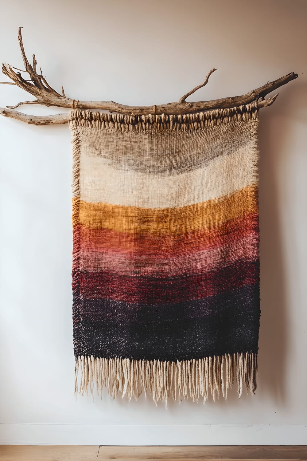 A warm, softly lit corner featuring a DIY woven tapestry wall hanging. The tapestry, made from hand-dyed wool in sunset hues, is suspended on a driftwood branch. The comforting aesthetic of the area around the tapestry furthers its allure.