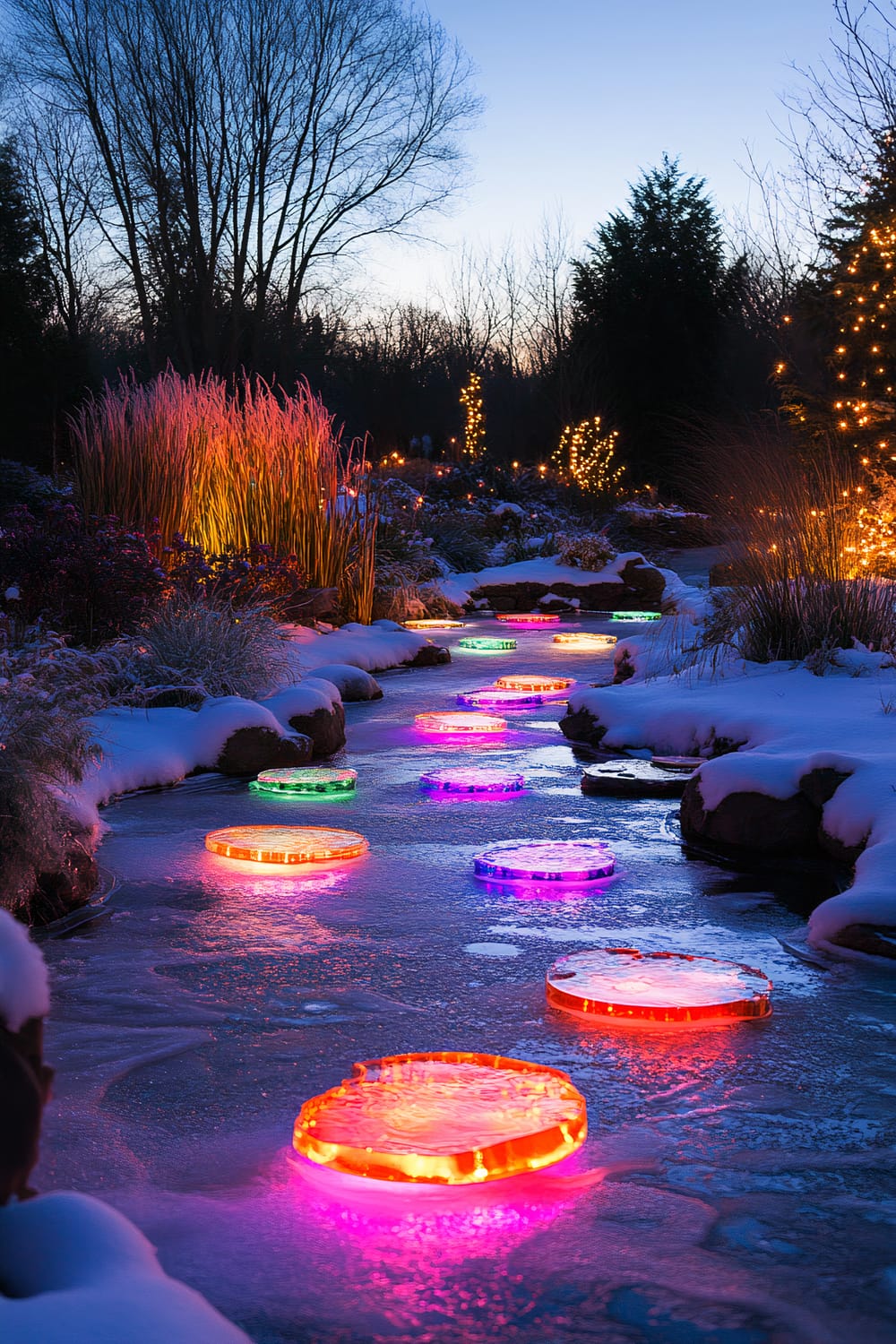 A winter garden scene at dusk featuring a frozen pathway with colorful illuminated stepping stones. Snow covers the surrounding rocks and plants, and various plants and trees are adorned with festive lights, creating a magical ambiance.