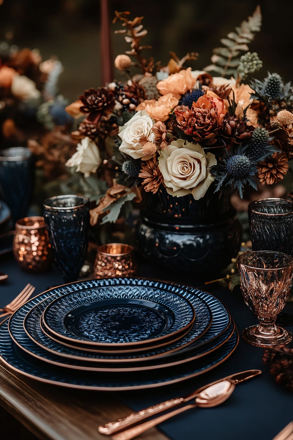 A close-up shot of a Thanksgiving dinner table set with navy blue ceramic plates and copper flatware. The table includes navy glassware, copper candle holders, and a centerpiece featuring a copper urn filled with navy and white floral arrangements and autumn foliage. A navy blue table runner with copper embroidery enhances the elegant setting.