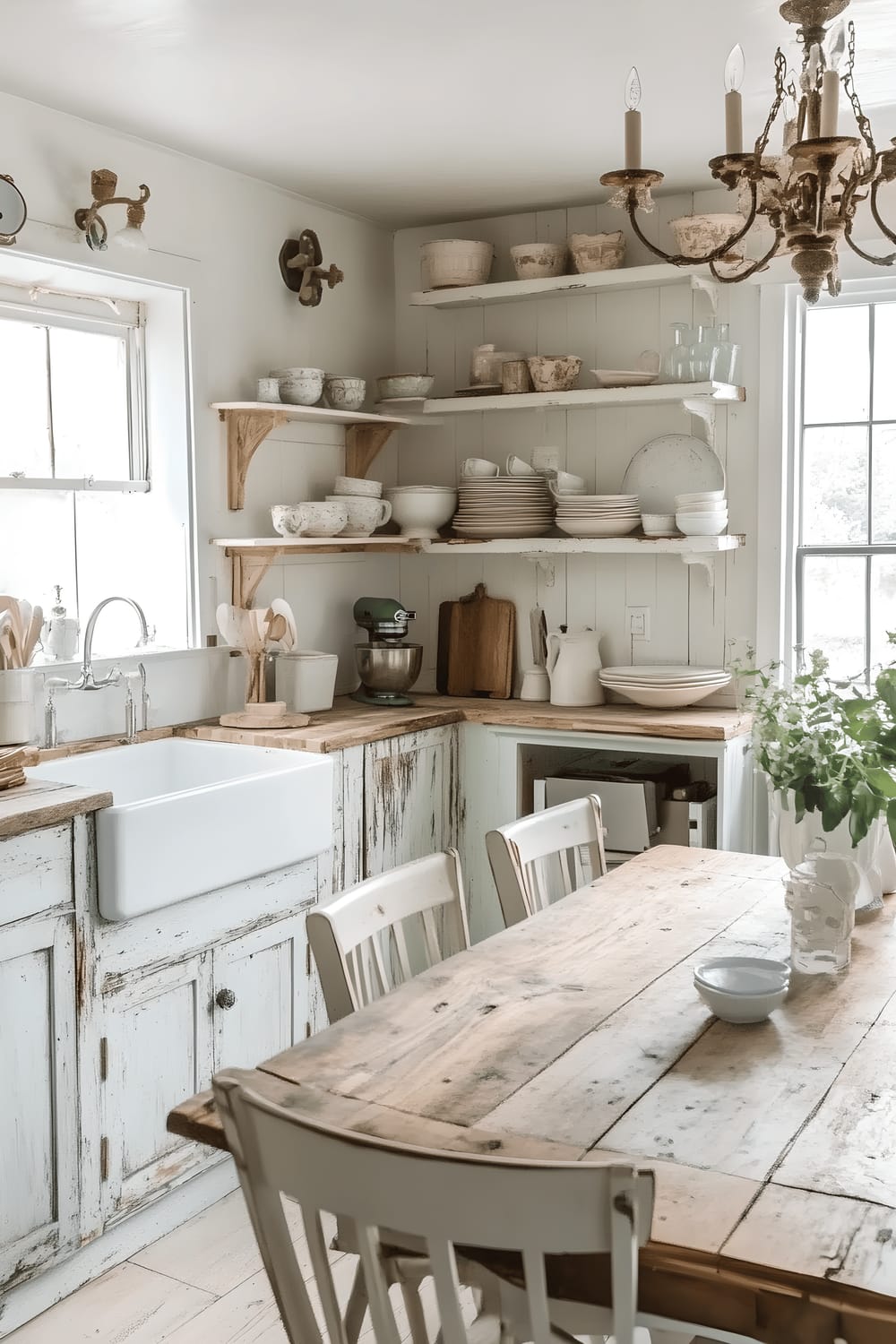 A rustic farmhouse kitchen dominated by distressed wooden cabinets and a large sink. Features include a wooden dining table surrounded by mismatched chairs, an antique chandelier casting a welcoming glow, and open shelves adorned with ceramics and mason jars. The room exudes a warm ambiance with its pastel hues and natural textures.