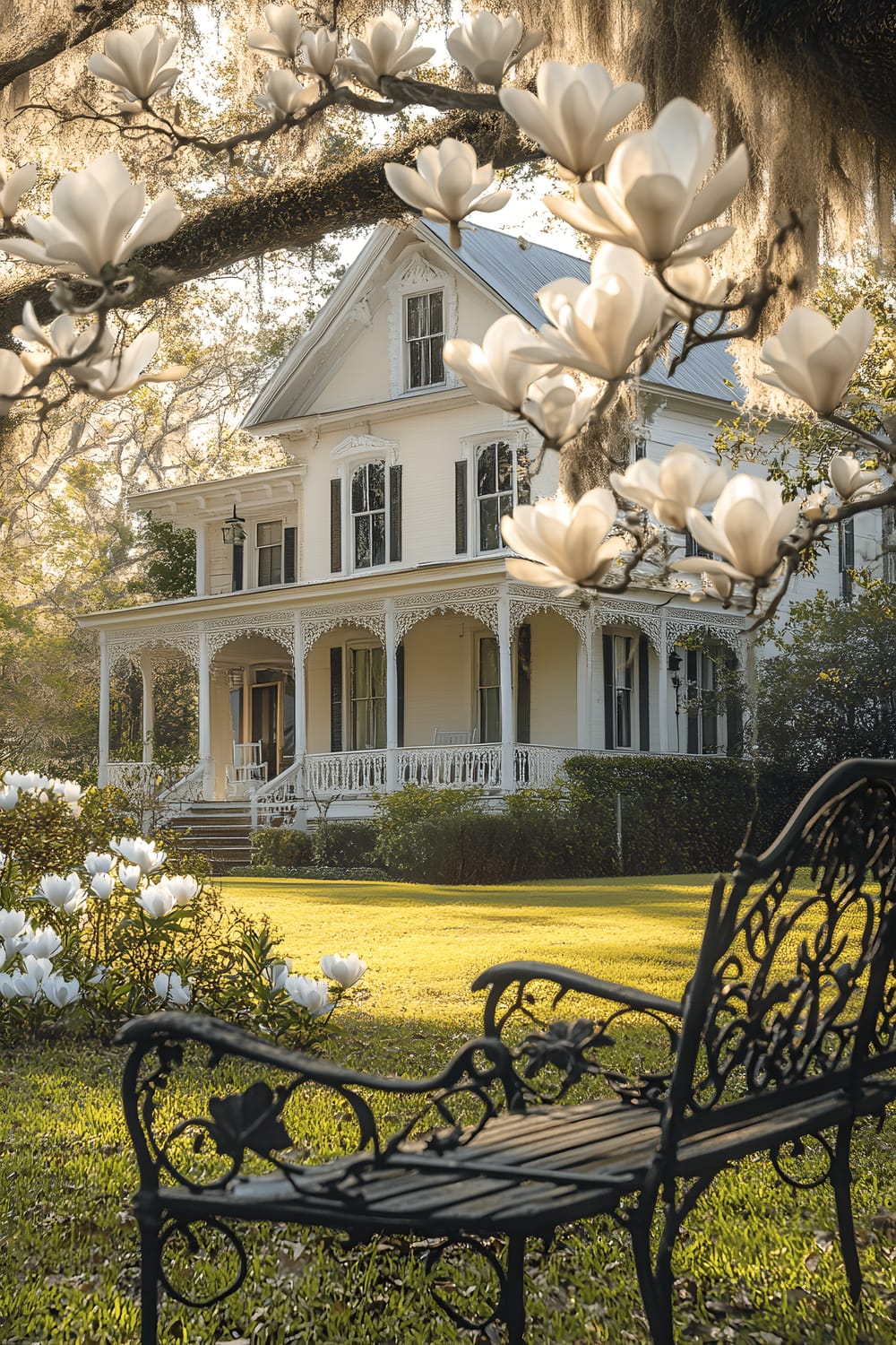 A stunning southern-style home enveloped by grand magnolia trees showcasing large, glowing white blooms in the soft afternoon light. A quaint wrought-iron bench adds a charming touch to this picture, offering a serene space under the shade of the trees.