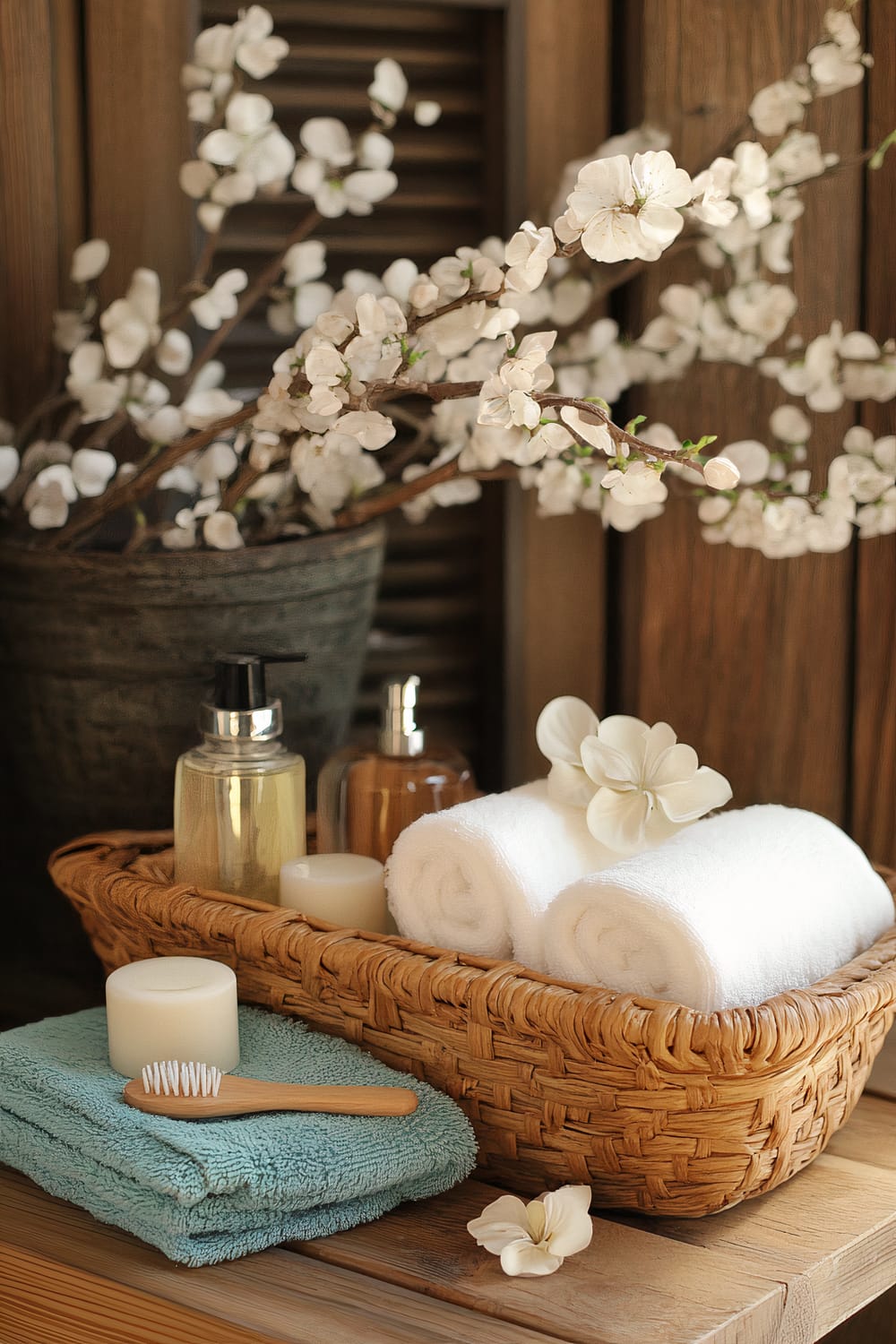 An inviting arrangement featuring a woven basket with neatly rolled white towels, soap, and lotion bottles, complemented by a toothbrush and turquoise towel. Behind, a terracotta pot holds delicate white cherry blossom branches, all set against a background of rustic wooden shutters.