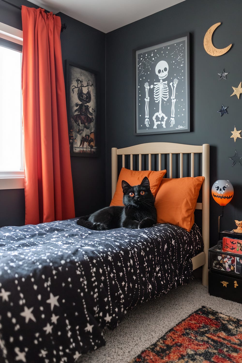 A child's bedroom decorated with a Halloween theme. A black cat is sitting on a bed with star-patterned bedding and orange pillows. The wall has dark paint, with two Halloween-themed pictures: one featuring a skeleton and the other a spooky character. Orange curtains adorn the window. The room also features a bedside table with a decorative lamp and Halloween ornaments, as well as moon and star wall decals.