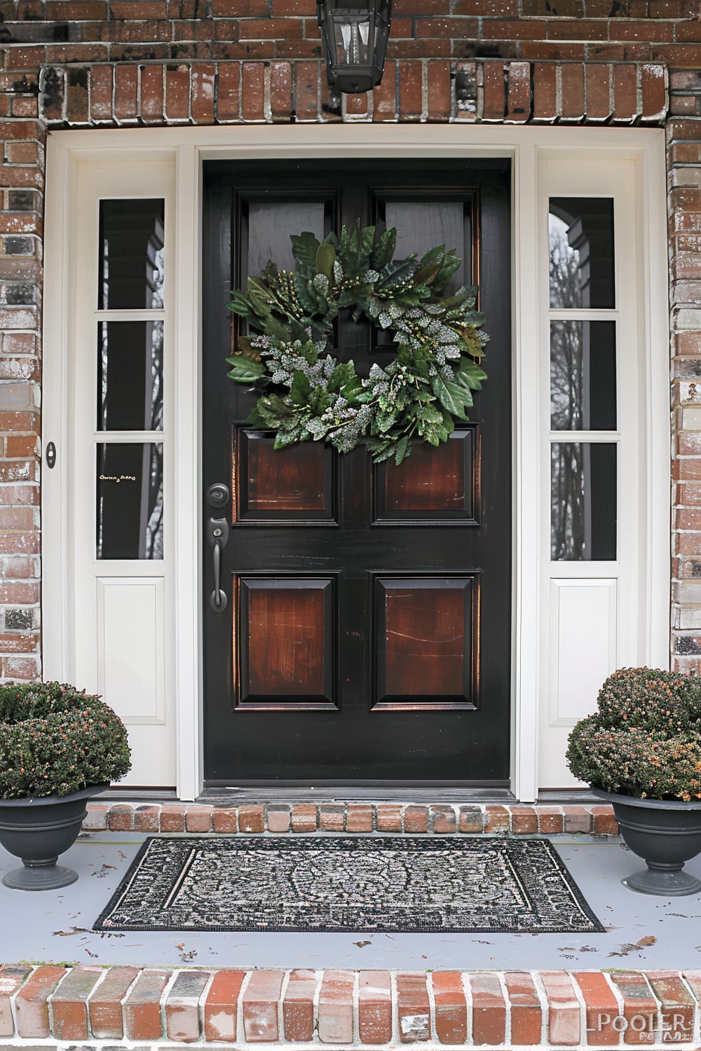 An elegant front door entrance featuring a dark wooden door with a glossy black finish, adorned with a lush green wreath at the center. The door is flanked by narrow white-framed glass panels. Above the door, a traditional black lantern-style light fixture is mounted. Symmetrical potted topiary bushes are placed on either side of the brick steps, and a patterned dark gray doormat lies at the doorstep. The exterior brick wall adds a rustic charm to the setting.