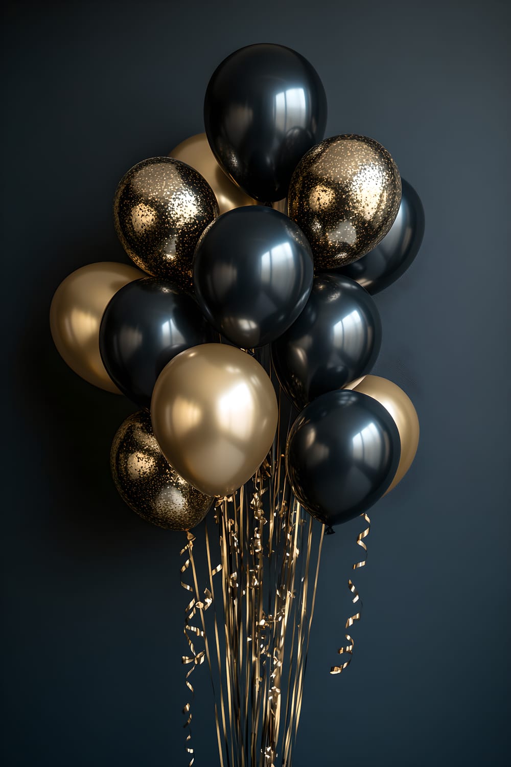 A festive arrangement of 15 large black and gold balloons attractively grouped together against a dark navy blue background. 10 large gold and silver streamers elegantly cascade from above, creating dynamic movement within the scene. The shiny surfaces of the balloons and streamers reflect light, adding visual depth and eye-catching shimmer.