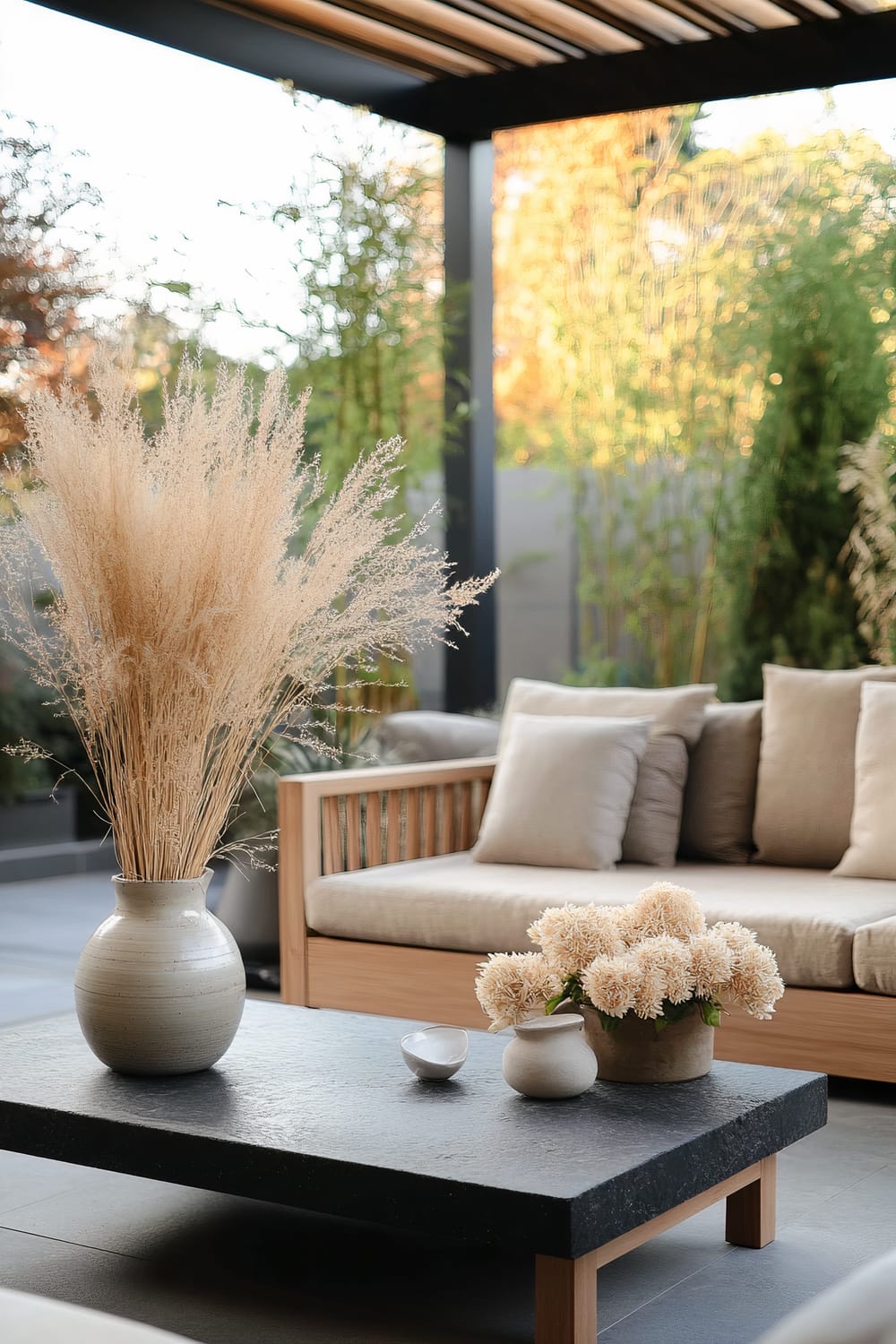 An outdoor seating area featuring a grey stone coffee table with three ceramic vases containing light-colored floral arrangements. A wooden-framed couch with beige cushions is in the background, and the area is surrounded by lush bamboo plants and greenery. The space is shaded by a modern pergola with horizontal slats.