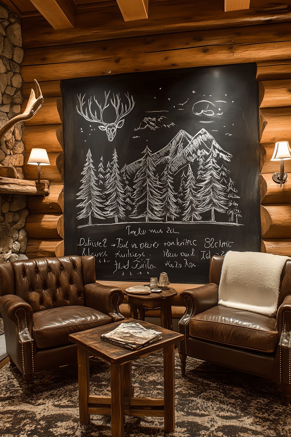 A rustic cabin living area with a wooden chalkboard wall featuring nature-themed chalk drawings of pine trees, mountains, and wildlife. The room is lit with warm incandescent lights and furnished with a stone fireplace, brown leather armchairs, wool blankets, and unique antler decor.