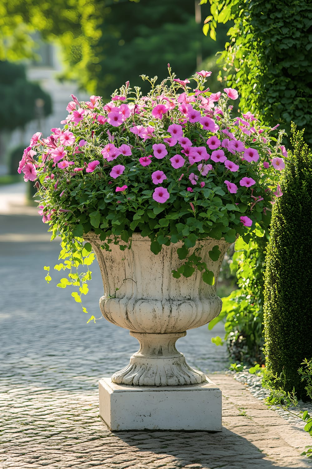 A tall stone urn planter filled with lush plants such as trailing ivy, pink petunias, and blue lobelia, up on a white marble pedestal. This is set in a classic garden with cobblestone walkways, bathed in a soft morning light that casts beautiful shadows around.