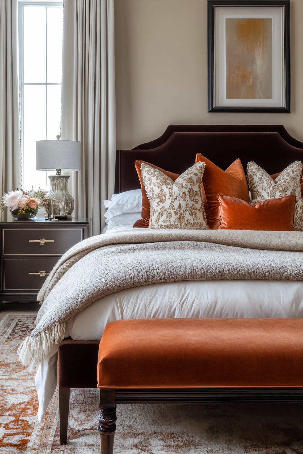 A well-decorated bedroom features a richly upholstered dark headboard with plush pillows in warm tones of rust and cream. A knitted cream blanket is neatly draped over a soft white duvet. To the left of the bed, a dark wood nightstand holds a stylish lamp with a glass base and a small flower arrangement. A framed abstract art piece hangs on the cream-colored wall above the bed, and an elegant burnt-orange upholstered bench sits at the foot of the bed. Floor-to-ceiling white curtains flank a tall window, and a subtly patterned area rug covers the floor.