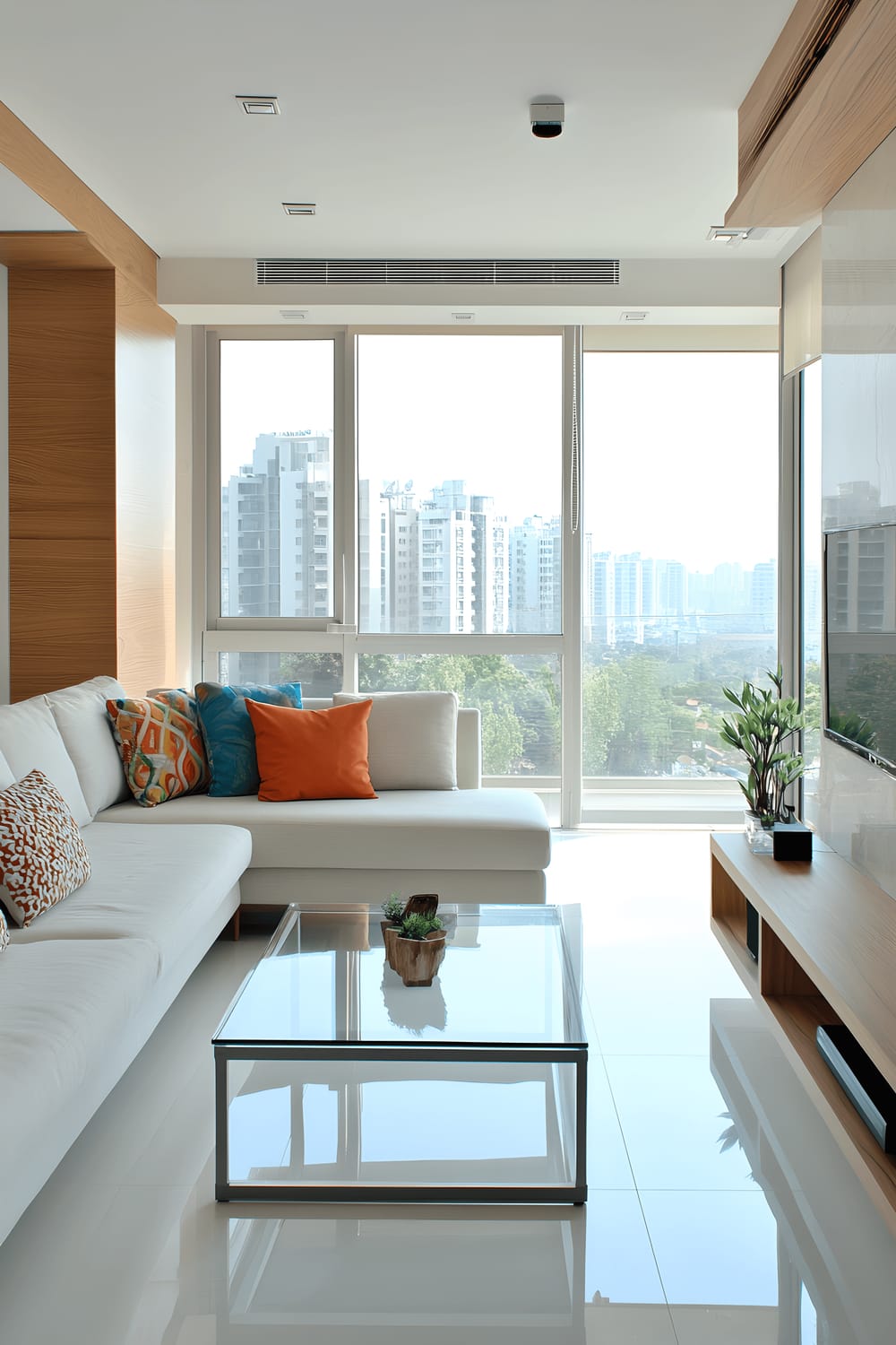 A bright and airy apartment living space viewed from a balcony perspective. The room features a light-colored sofa adorned with colorful throw pillows, a glass coffee table, and a minimalist styled entertainment unit. Large windows fill the room with abundant natural light, enhancing a spacious and inviting atmosphere.