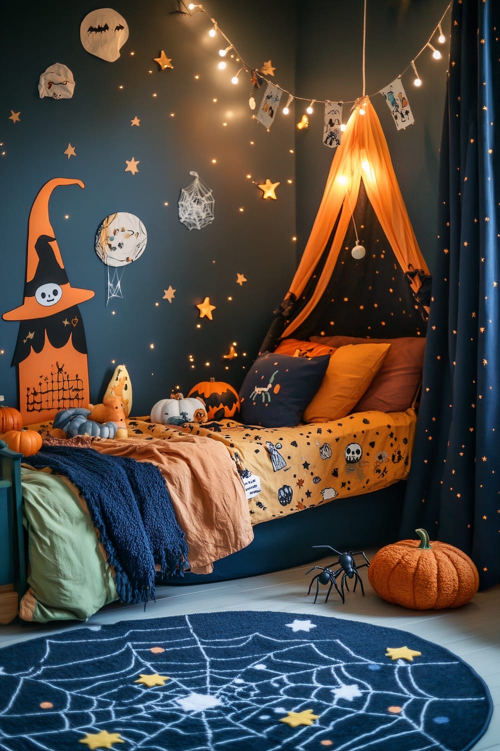 A children's bedroom decorated with a Halloween theme. The room features dark blue walls adorned with starry light decorations, Halloween-themed wall hangings, and bat cutouts. There is a bed with orange and black bedding featuring Halloween patterns, including pumpkins, skulls, and ghosts. A canopy above the bed is draped in black and orange fabrics. At the foot of the bed, there are tiny pumpkins, a toy spider, and a cozy orange blanket. A string of lights and Halloween-themed flags are hung across the corner of the room. The floor has a round rug with a spider web pattern and yellow stars.