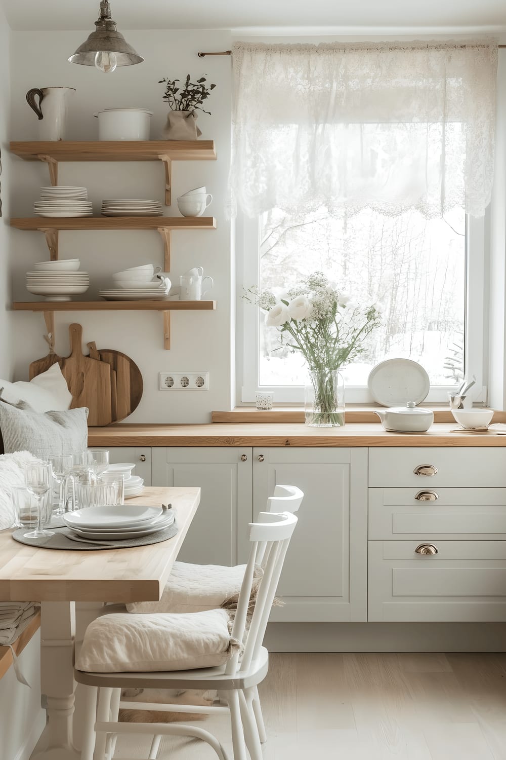 A serene, well-lit kitchen inspired by Nordic Cottage style. The kitchen features white and light grey cabinetry with natural wood countertops. A quaint window with lace curtains reveals a snowy landscape outside. A small wooden dining table near the window is set with simple white dishware and a vase with fresh wildflowers. Light wood open shelving holds ceramic plates, glass canisters, and green plants. A cozy corner nook includes a built-in bench with plush cushions. Pendant lamps with natural fiber shades provide a soft, diffused light.