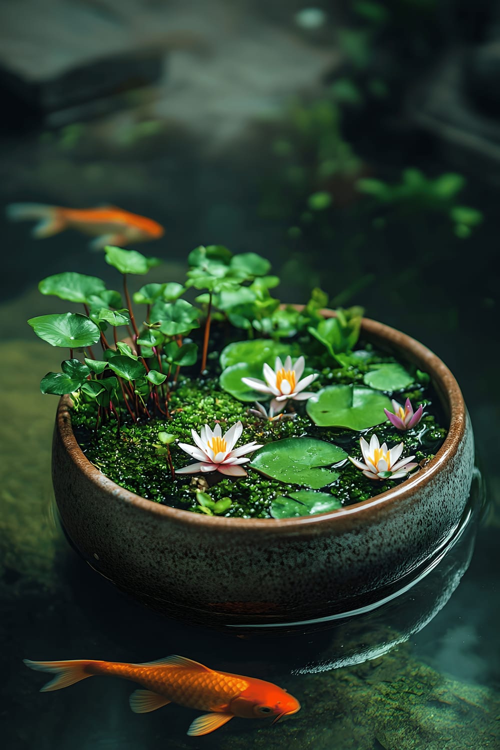 A serene setting with a floating fairy garden planter, which is a small ceramic bowl filled with mini water lilies, smooth river pebbles, and trailing moss. The planter is bobbing in a tranquil pond with tiny golden fish swimming below.