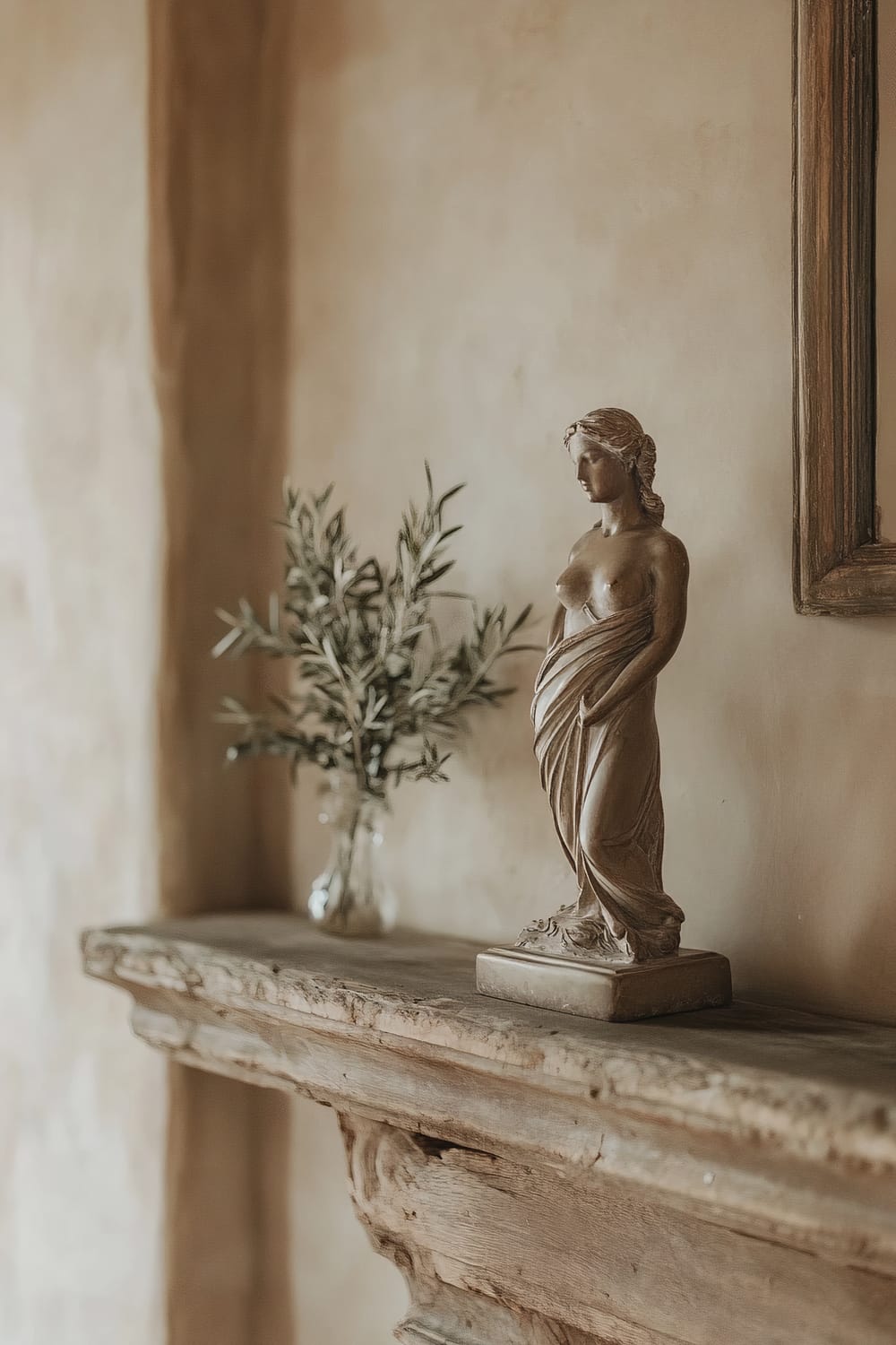 A detailed Roman bronze statuette of Venus placed on a rustic wooden shelf. The shelf is set against a warm-toned wall and features an antique mirror, with a small olive branch arrangement in a glass container beside the statuette. Soft natural lighting highlights the statuette's patina and intricate features.