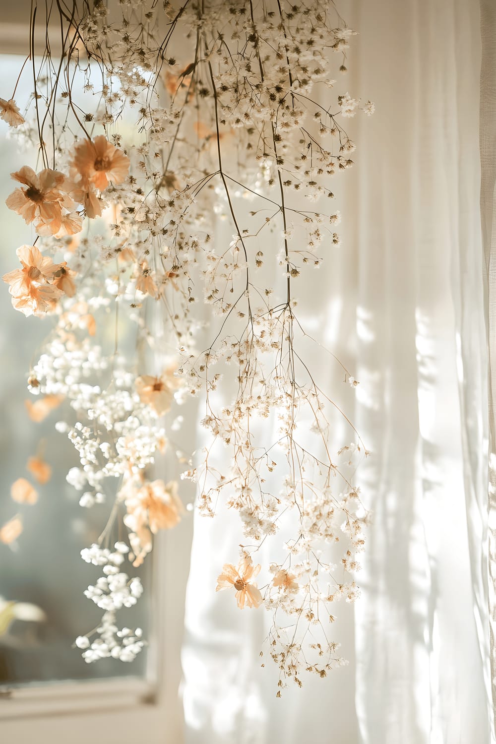 A bohemian living room bathed in soft sunlight featuring a DIY spring floral chandelier comprised of suspended pressed flowers and dried Baby's breath. The room radiates soft, whimsical energy with white walls, earthy-toned furnishings and green indoor plants.