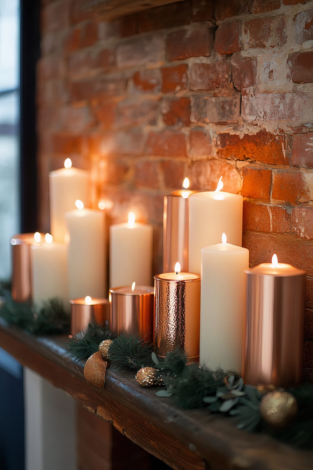 A display of lit candles, both white and metallic, arranged on a rustic wooden mantel in front of a red brick wall. The candles are interspersed with green foliage and golden decorative accents, creating a warm and festive ambiance.